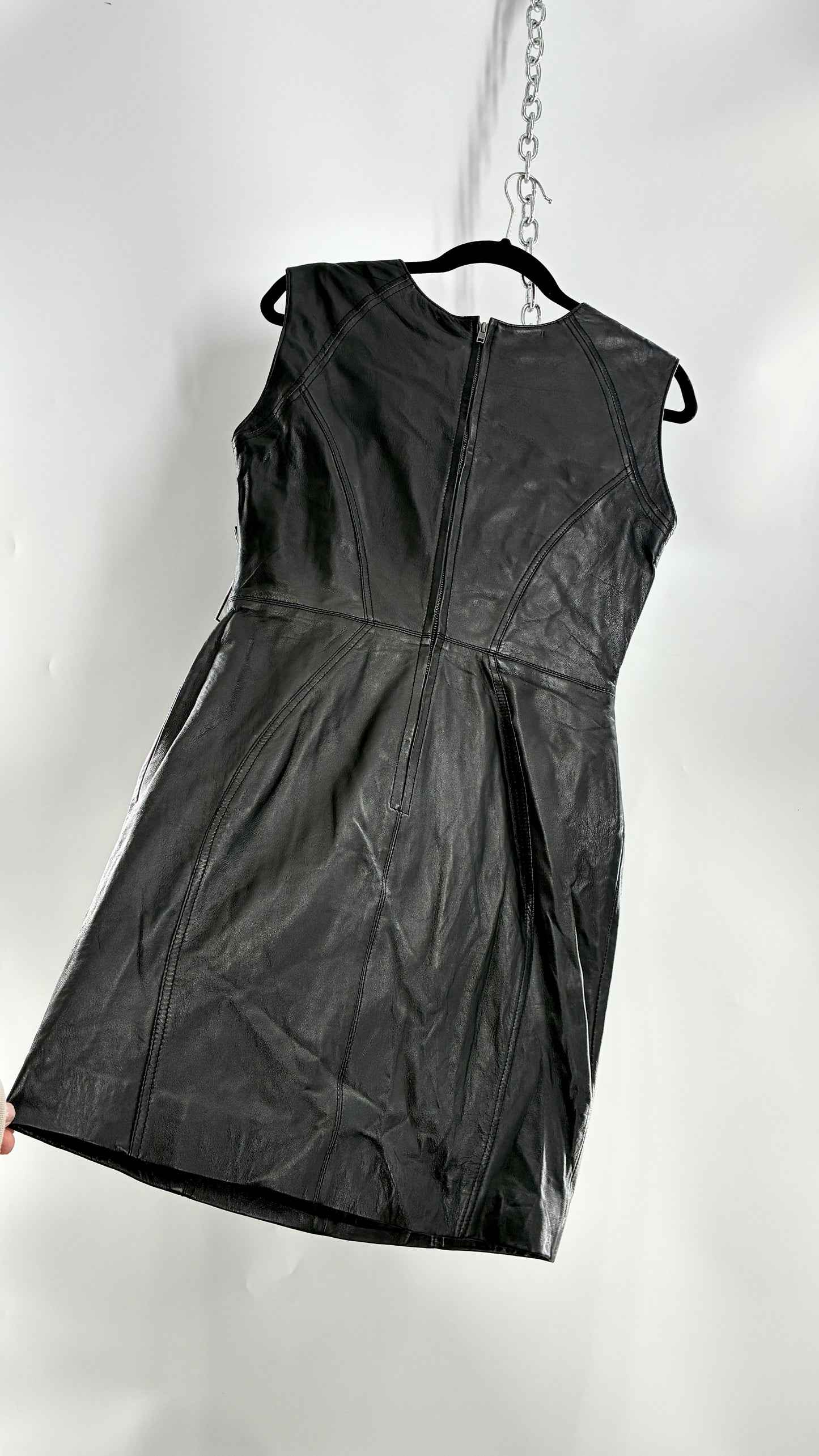 AQUA LUXE Black Leather Bodycon Paneled Dress with Tags Attached (Small)