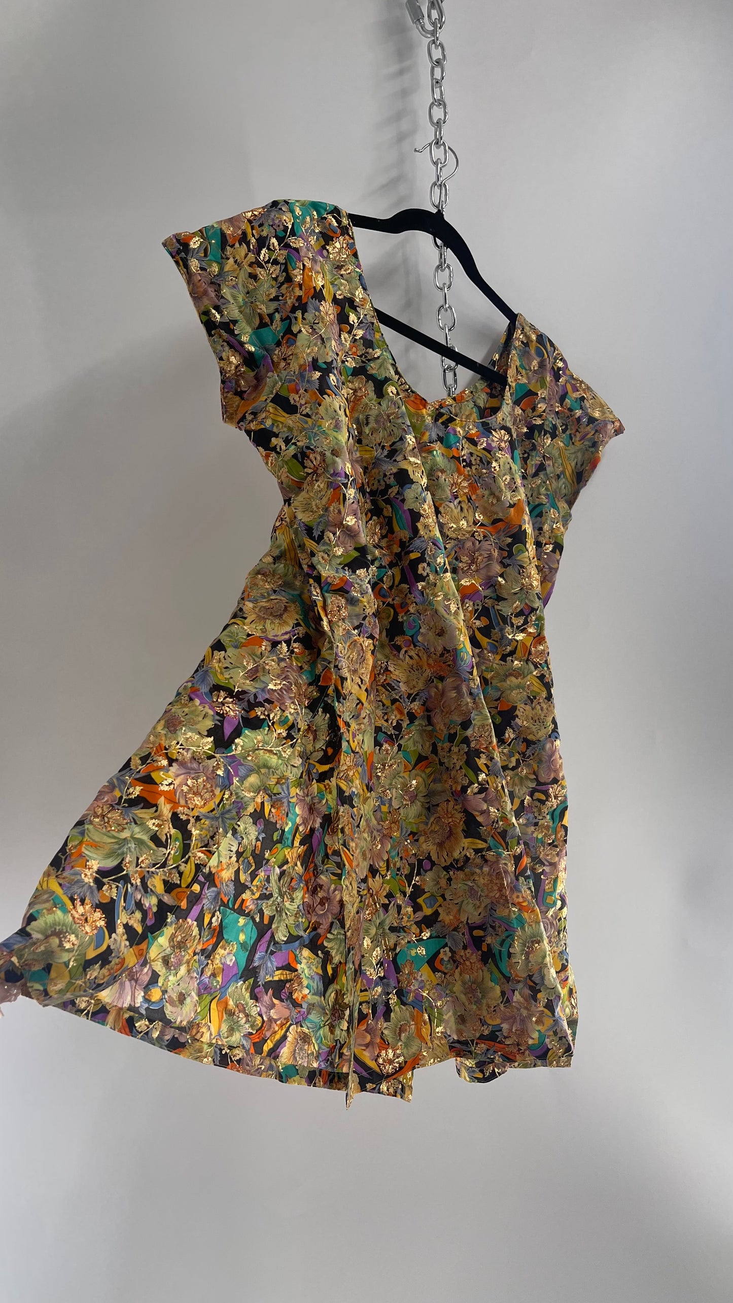 Vintage Imported Contrasting Floral Side Slit Tunic Silk with Hand Painted Glitter Details (Medium)