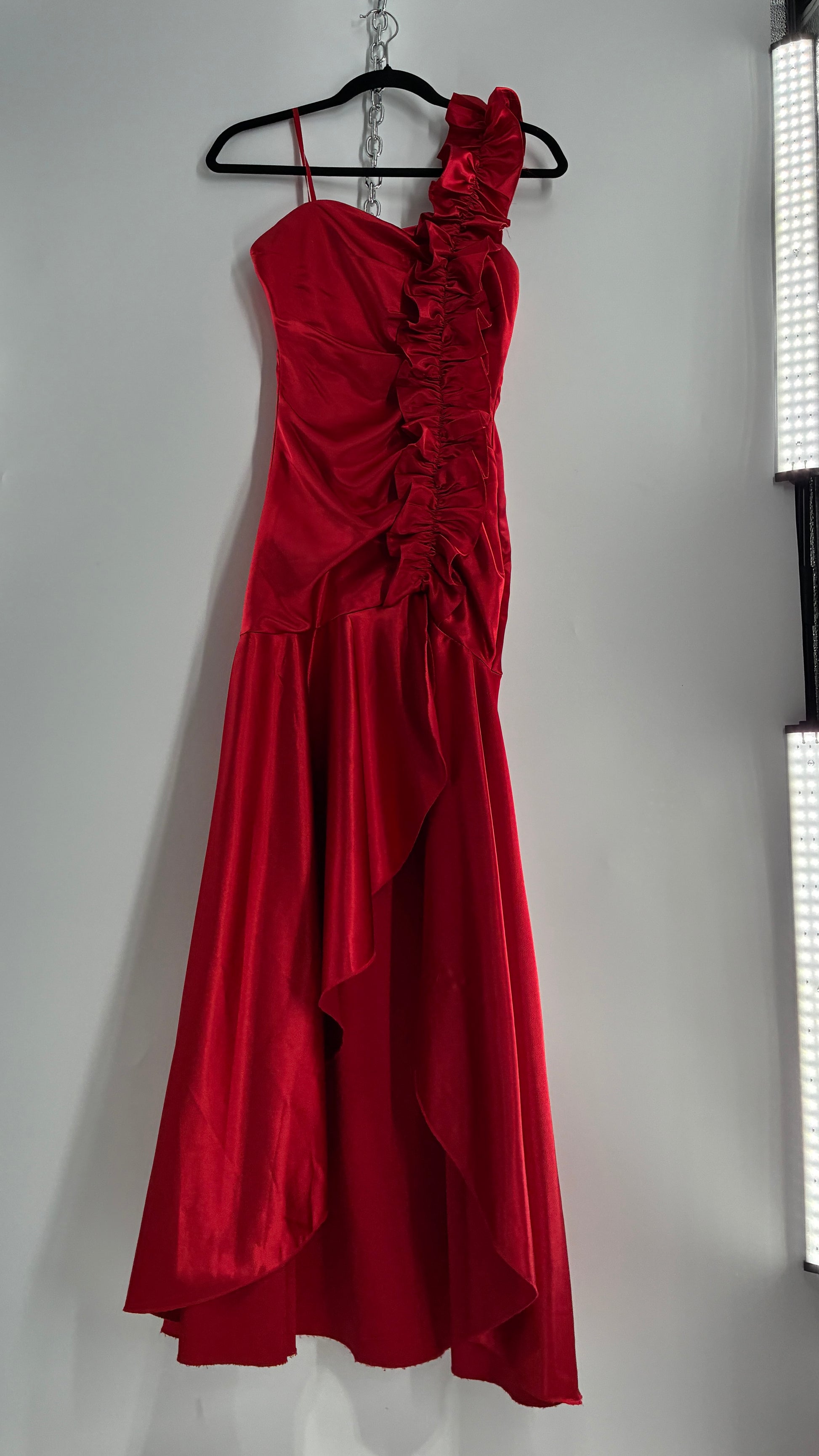 Vintage Ruby Rox Red Full Length One Shoulder Ruched Gown (3) Vintage Ruby Rox Red Full Length One Shoulder Ruched Gown (3)