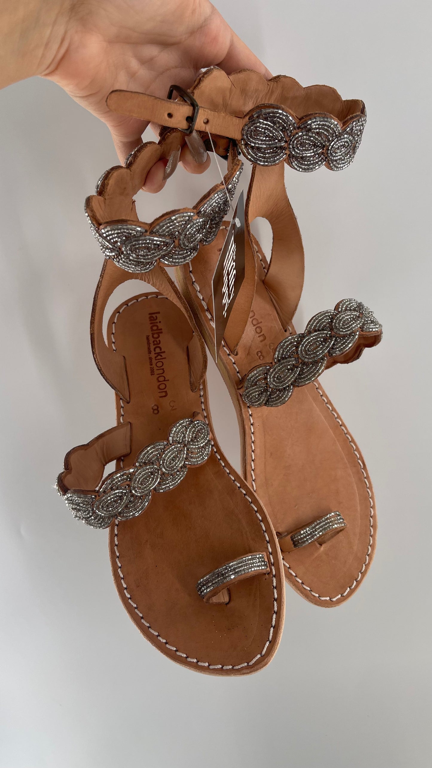 Free People Laidback London Handmade Sandals with Tan Leather Straps Covered in Silver Beaded Details (38)