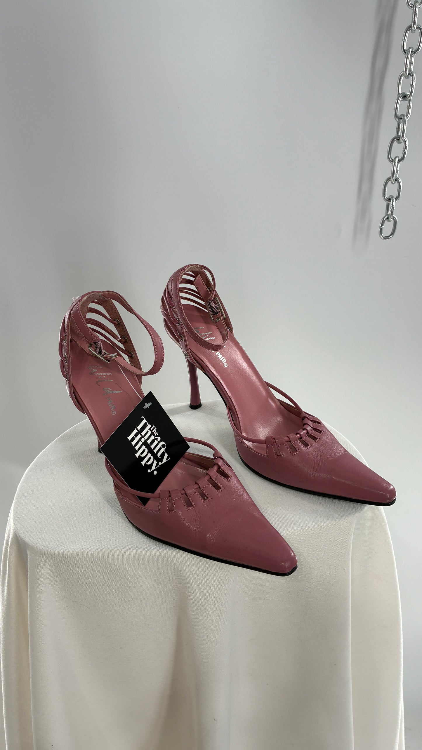 Vintage WILD PAIR Pink Pointed Toe Heels with Strappy Grommet Details (6.5)