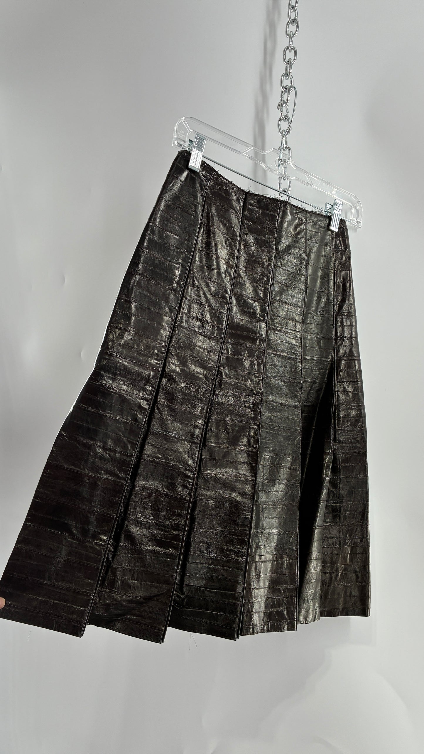 Vintage Handmade Pleated Dark Brown Genuine Leather Patchwork Skirt (XS)
