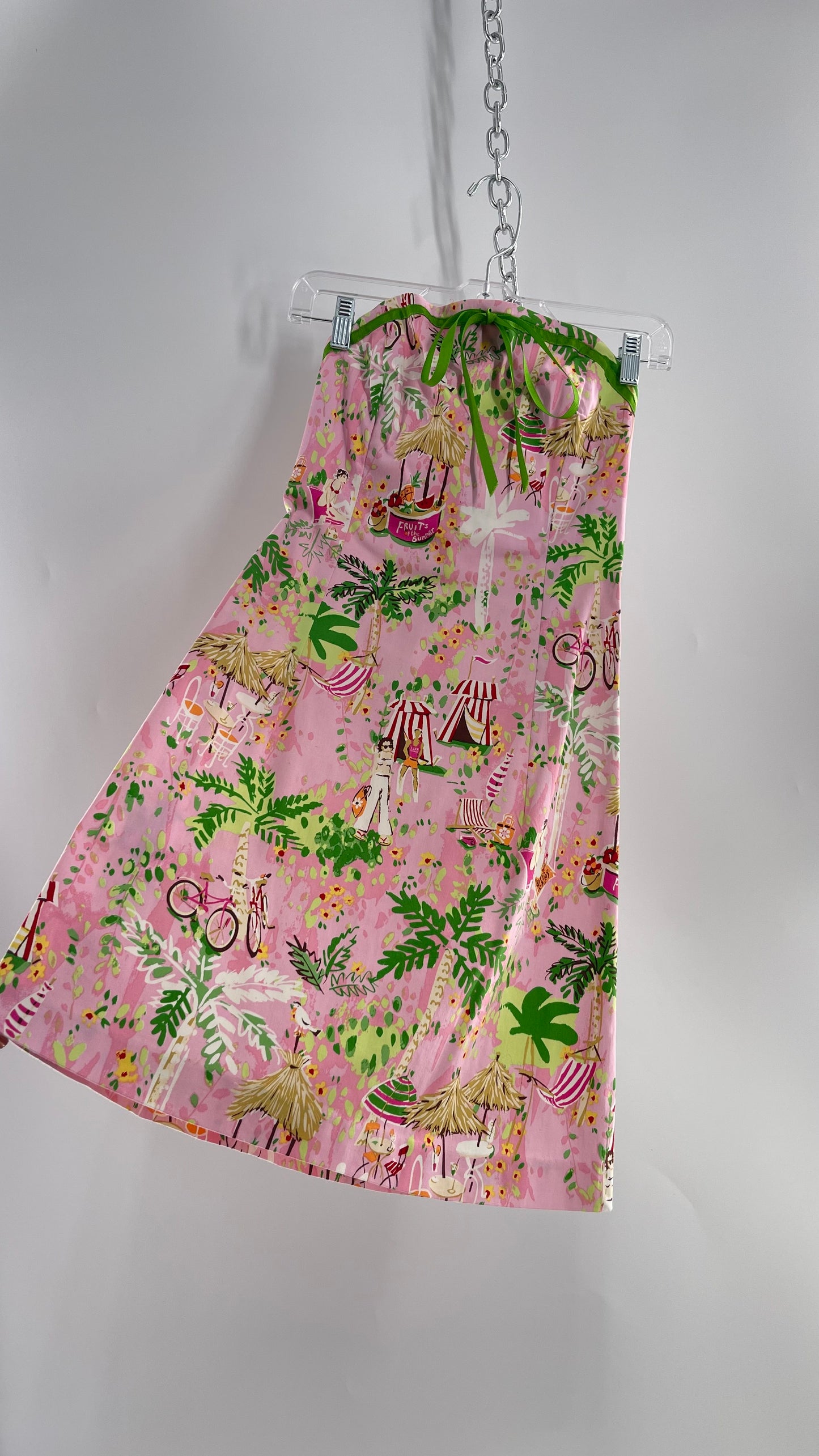 Vintage Handmade Pink Sketchbook 90s Print Mini Dress with Green Ribbon and Built In Boning (XS)