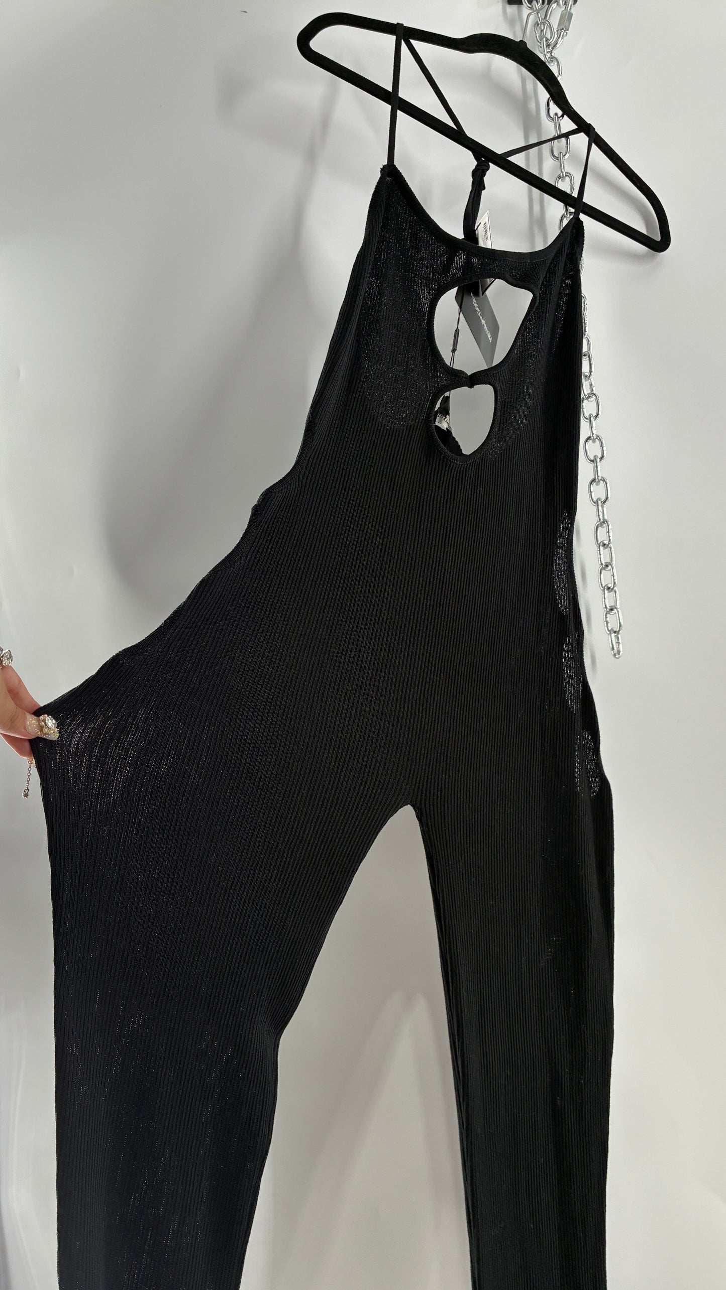 Pretty Little Thing Black Sheer Knit Cut Out Halter Neck Jumpsuit with Tags (Large)