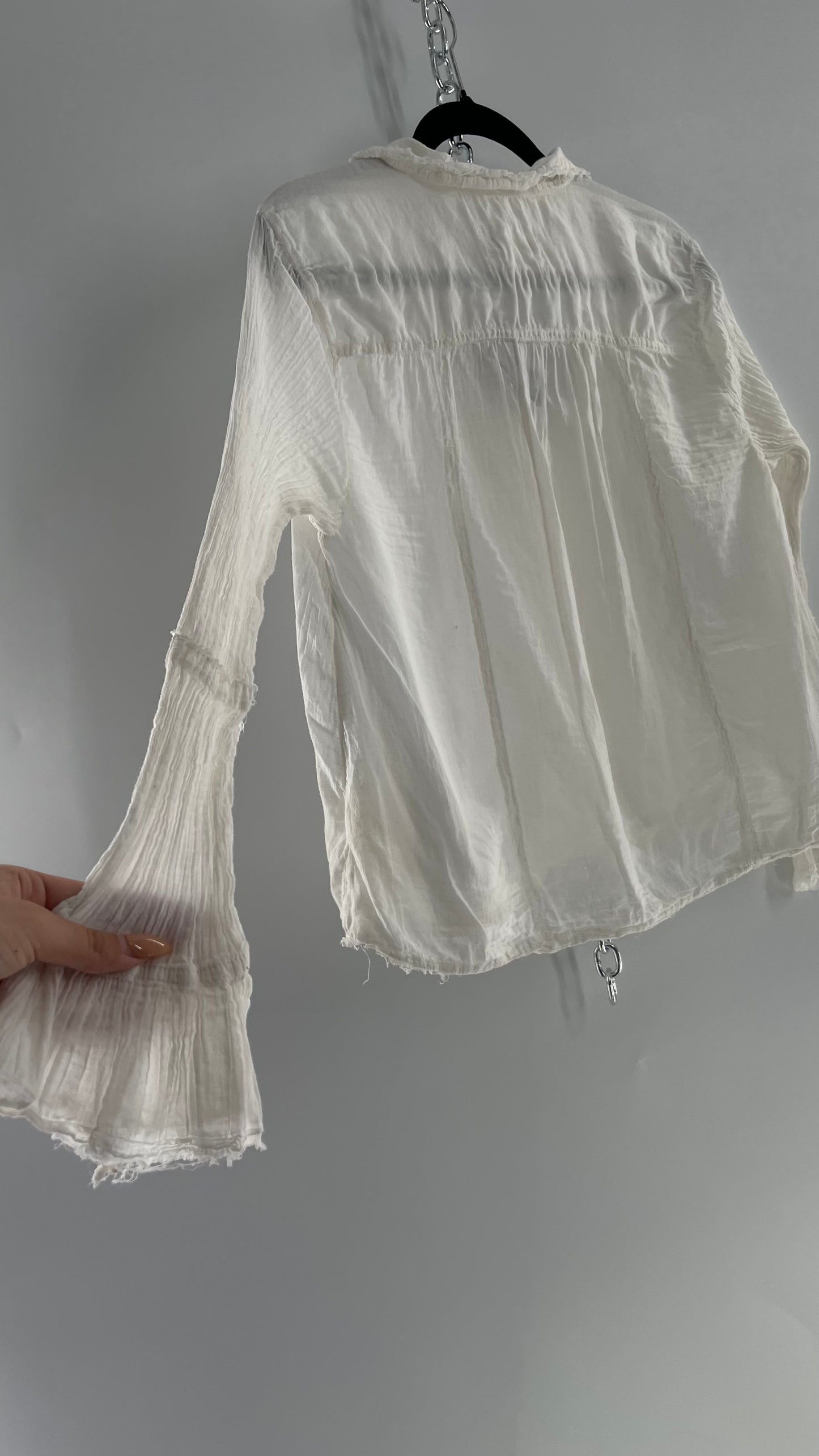 Free People White Cotton Ruffle Button Up with Crimped Sleeves (Small)