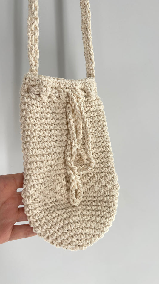 Beige Hand Knit Crochet Pouch Purse Water Bottle Bag