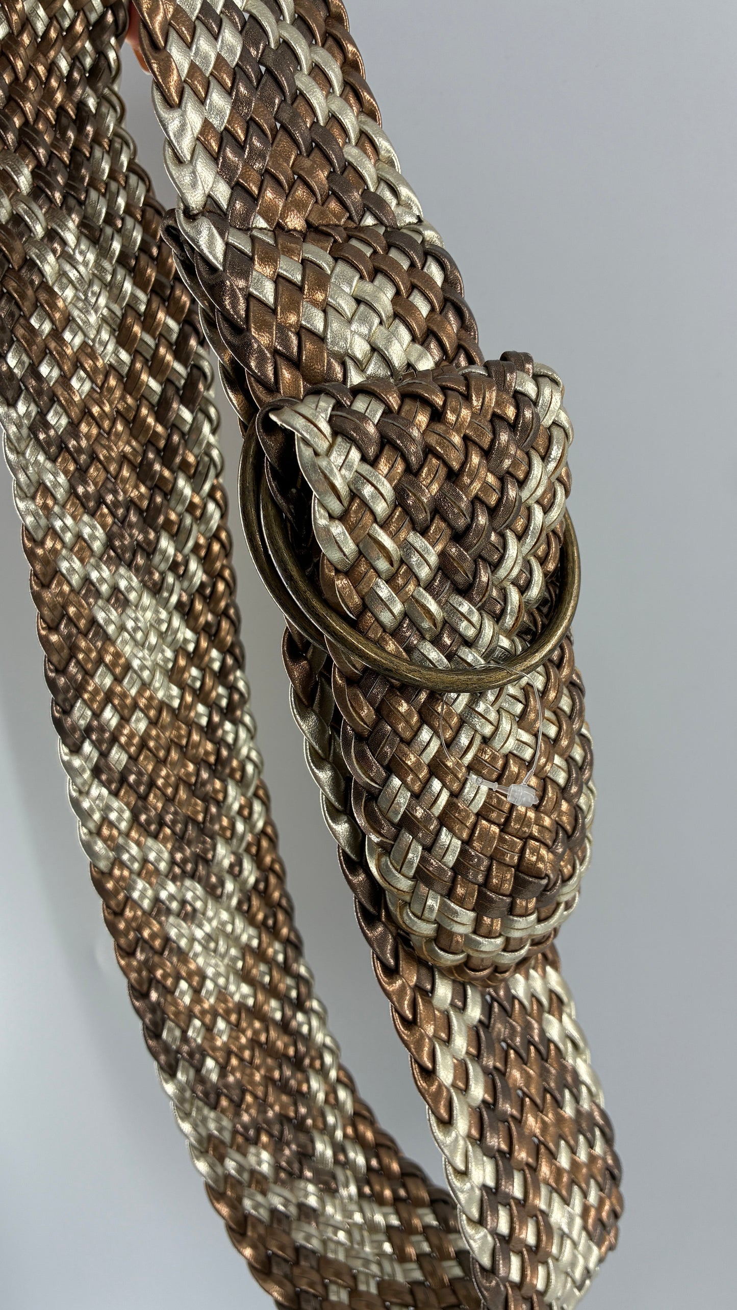 Vintage Metallics Silver Bronze Woven Wide Hip Belt with Oversized Bronze Round Buckles (One Size)