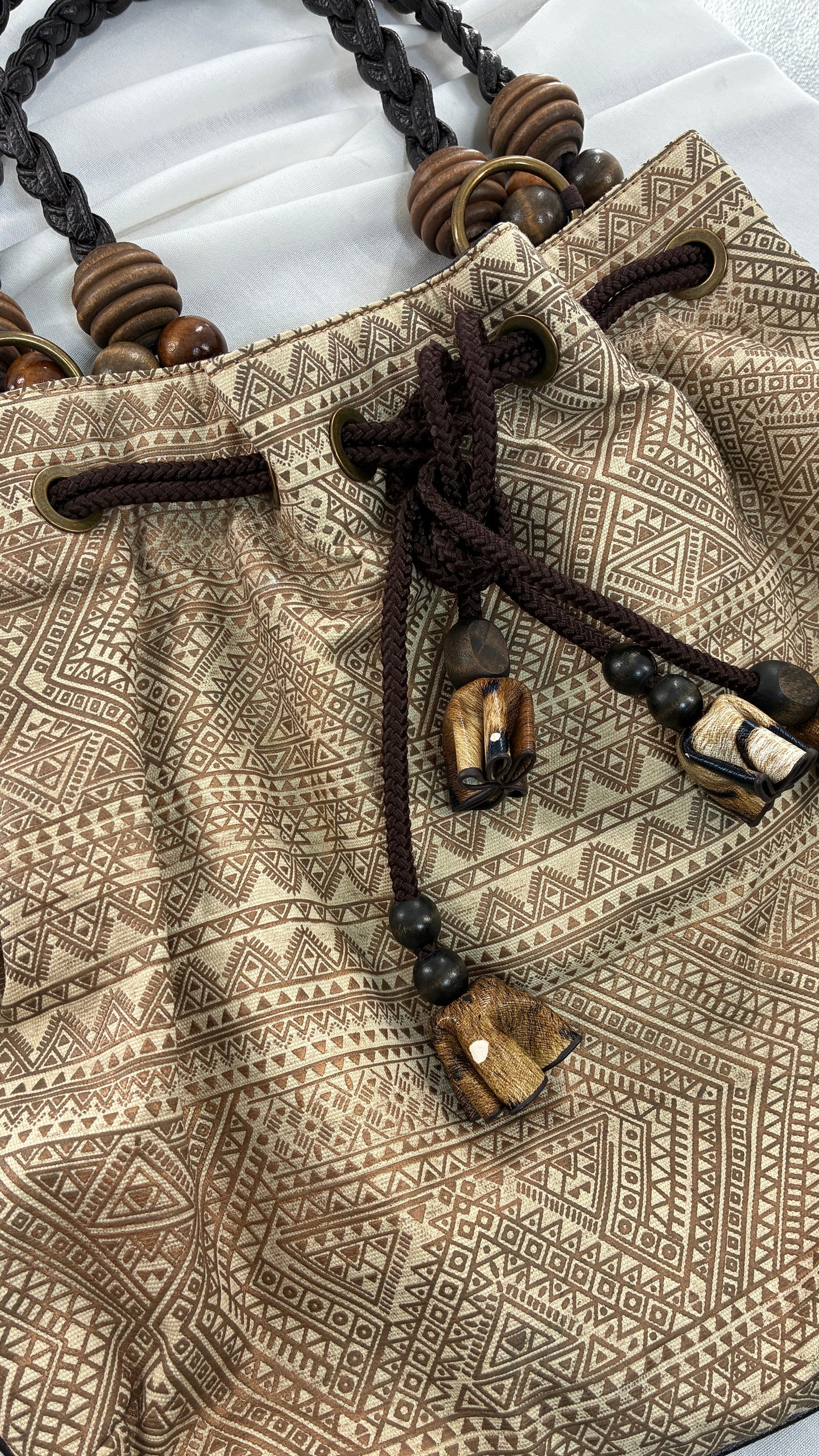 Vintage Oversized Animal Print Slouchy Bag with Braided Leather Strap and Beaded Details