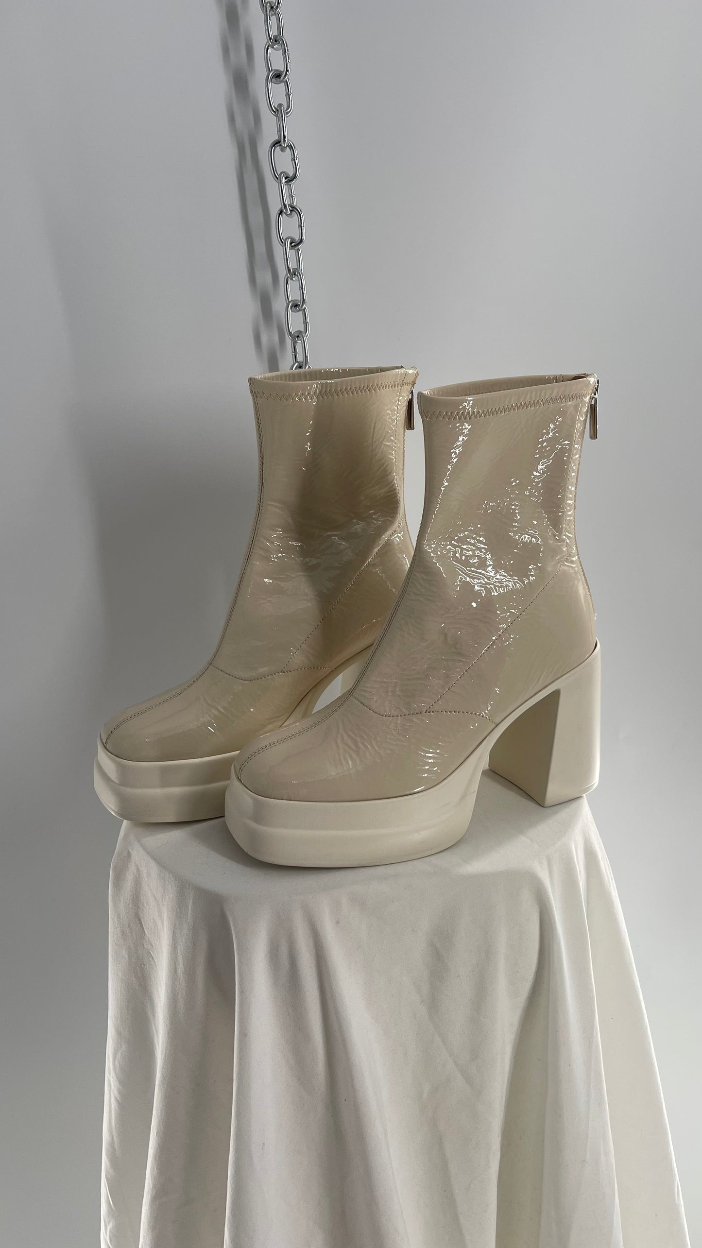 Free People Double Stack Y2k 90s Platform Off White/Cream Leather Boots (37)