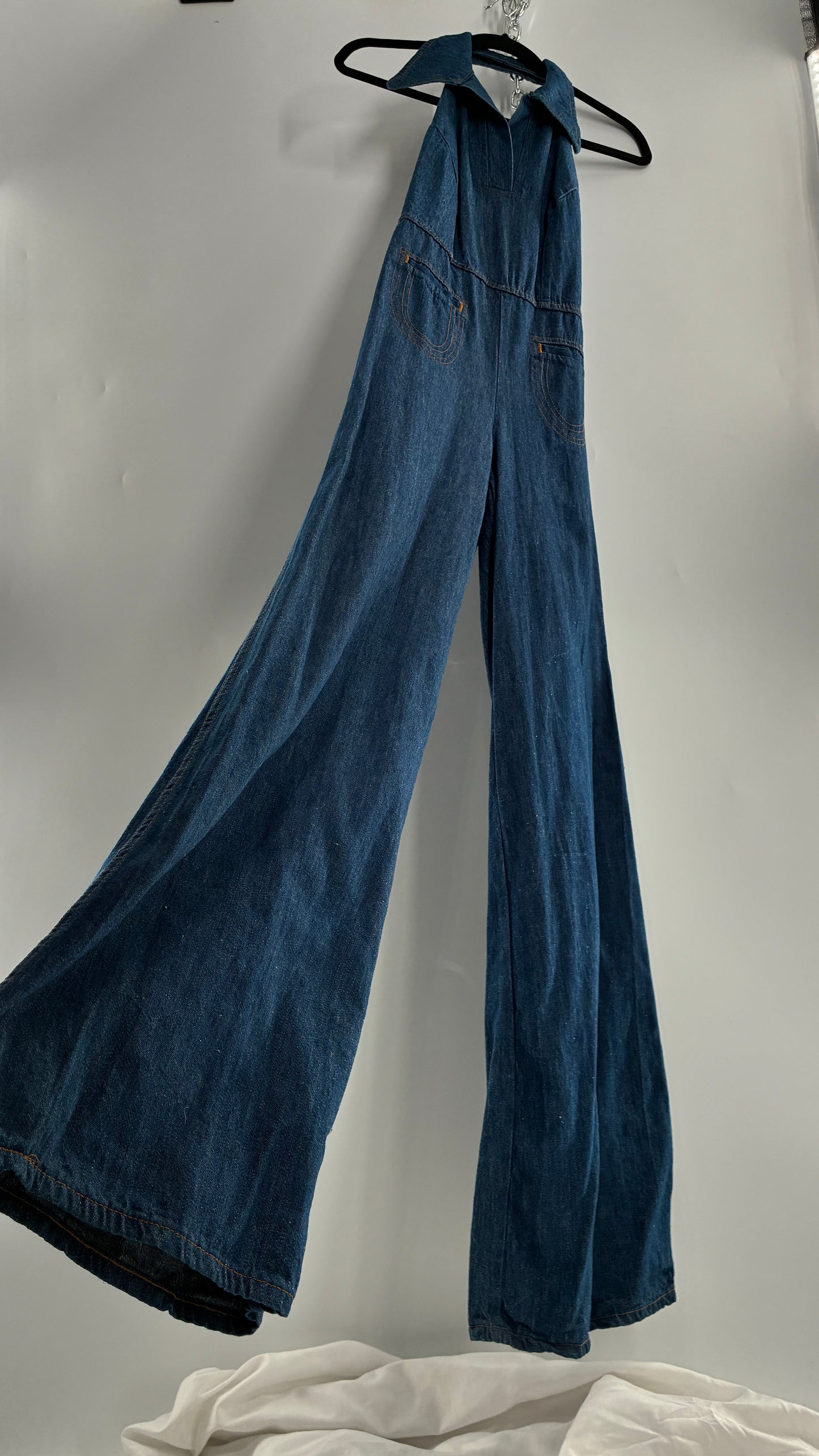 RARE Vintage 1970s Landlubber Medium Wash Denim, Sleeveless Halter, Wide Leg Bell Bottom, Jumpsuit (No Size on Tag, XS)
