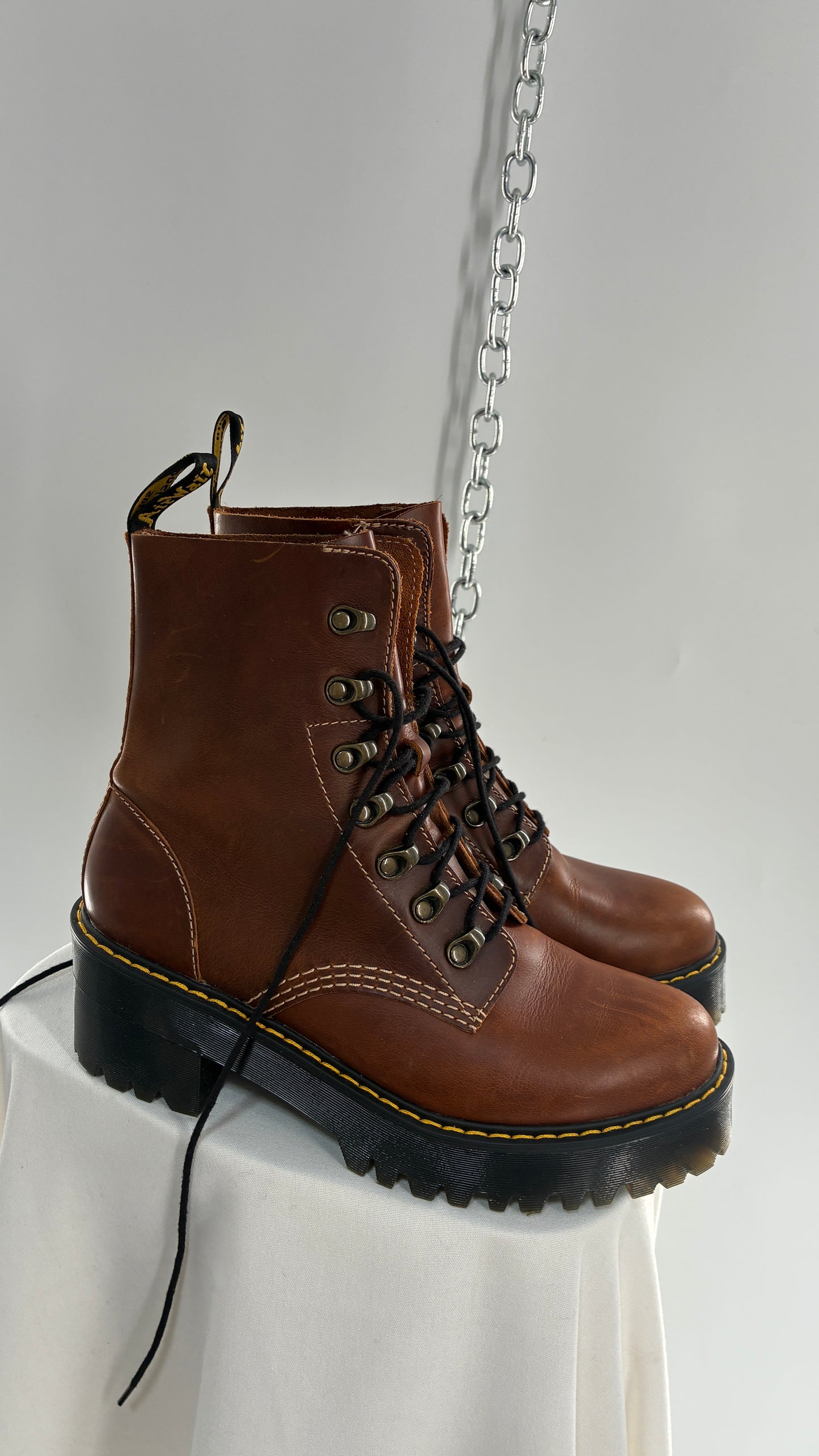 DR. MARTENS Leona Saddle Leather Platform Boots (9L)