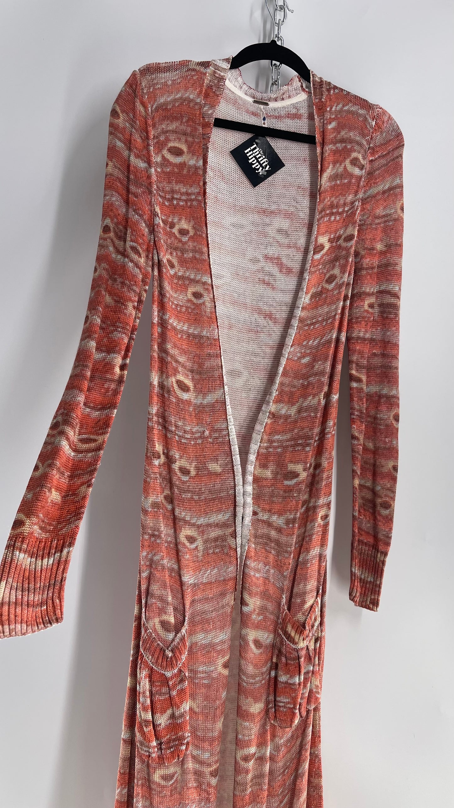 Free People Knit Floor Length Salmon Orange Patterned Cape (L)