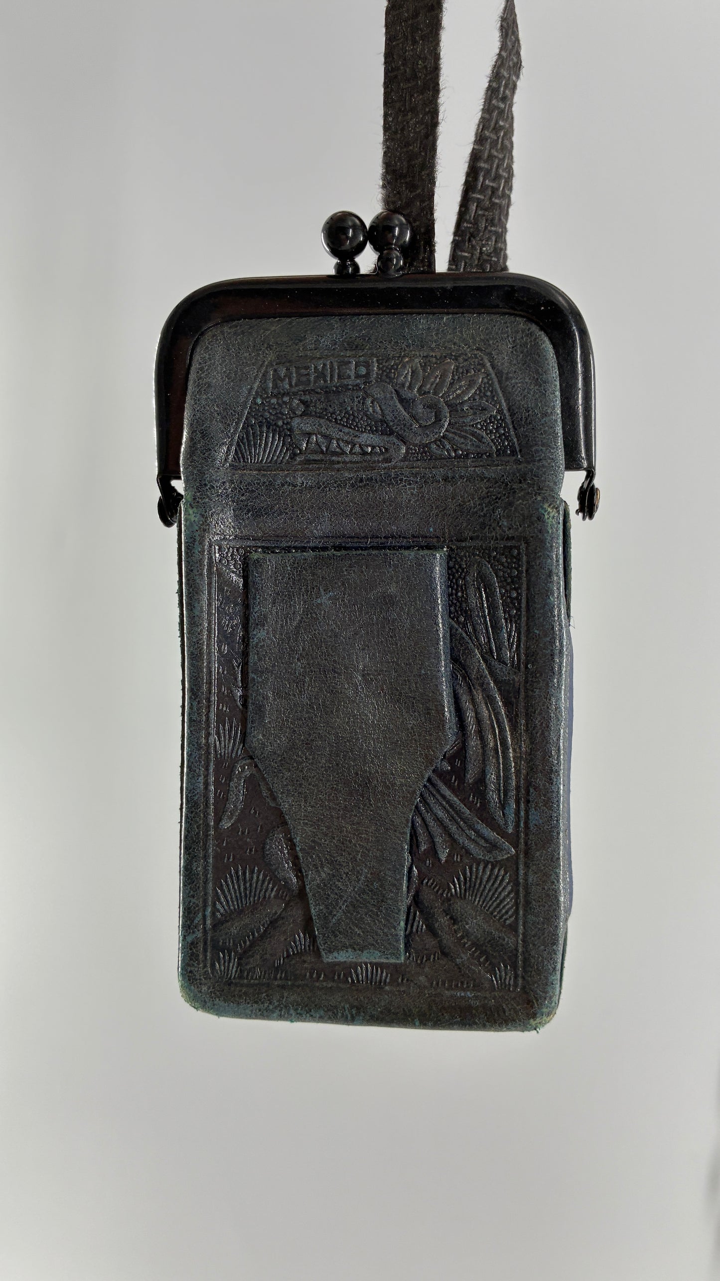 Vintage Mexican Black Engraved Leather Cigarette Pouch with Lighter Holster