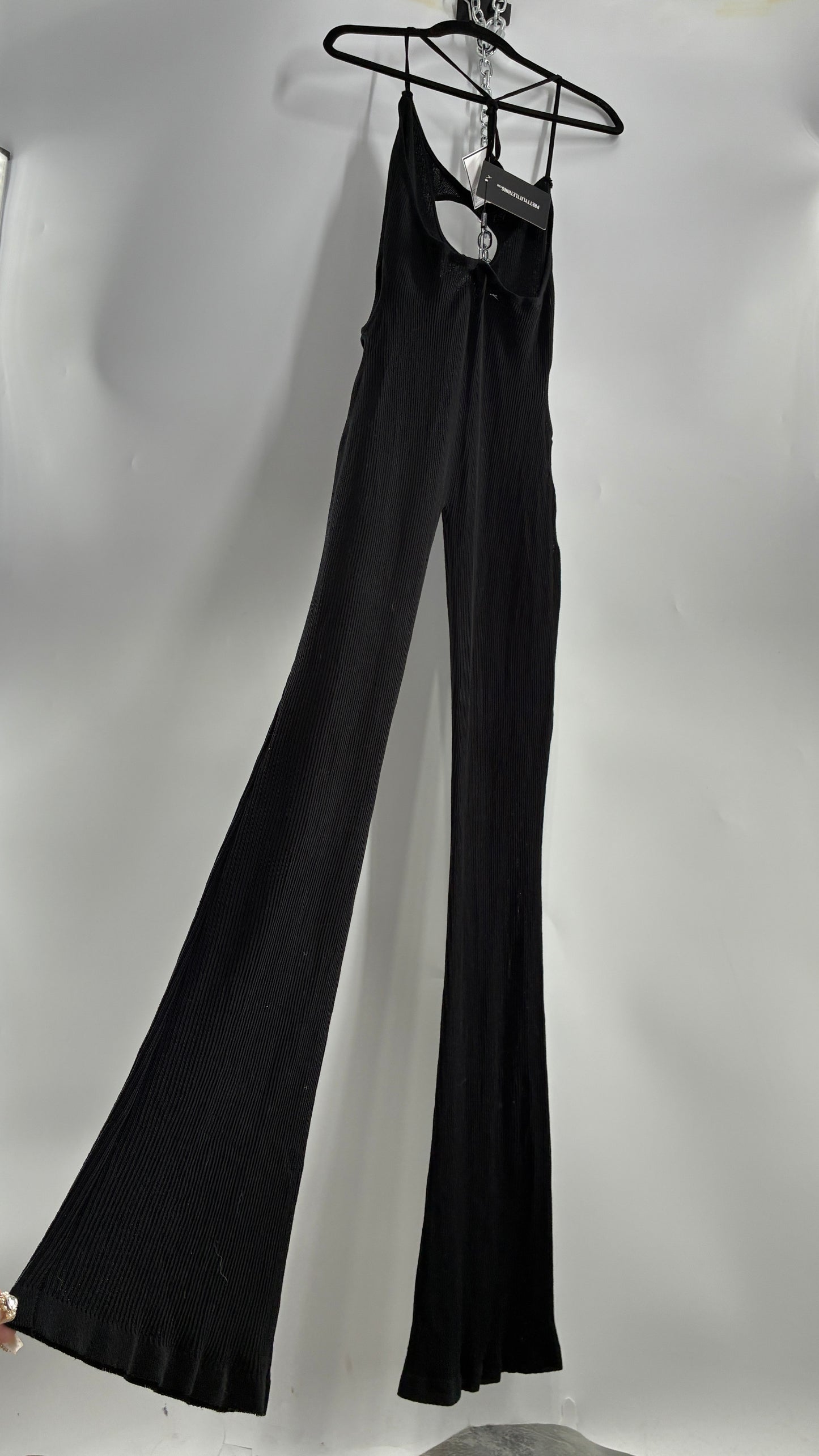 Pretty Little Thing Black Sheer Knit Cut Out Halter Neck Jumpsuit with Tags (Large)