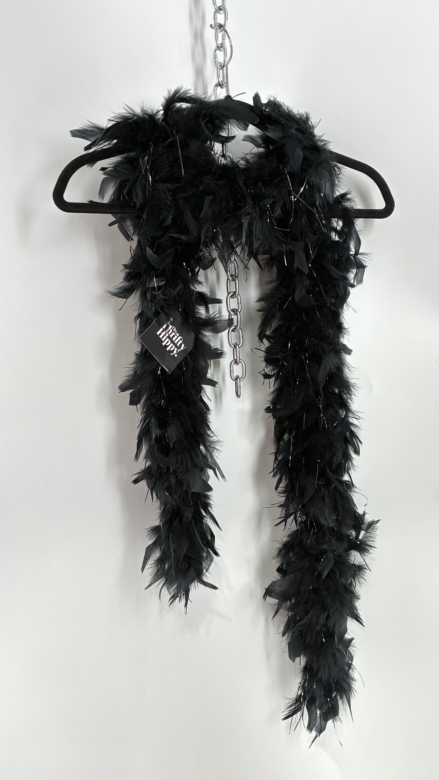 Vintage Black Ostrich Feather Scarf with Silver Tinsel
