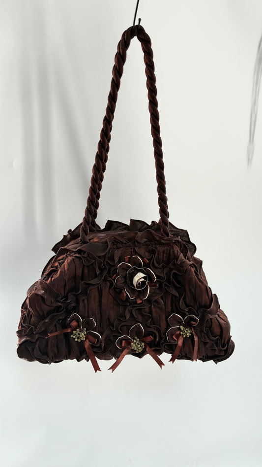 Vintage Oversized Brown Slouchy Purse with Embroidered Rosettes and Braided Strap