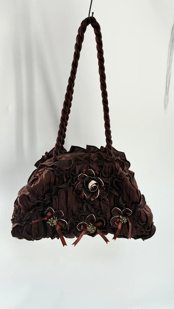 Vintage Oversized Brown Slouchy Purse with Embroidered Rosettes and Braided Strap