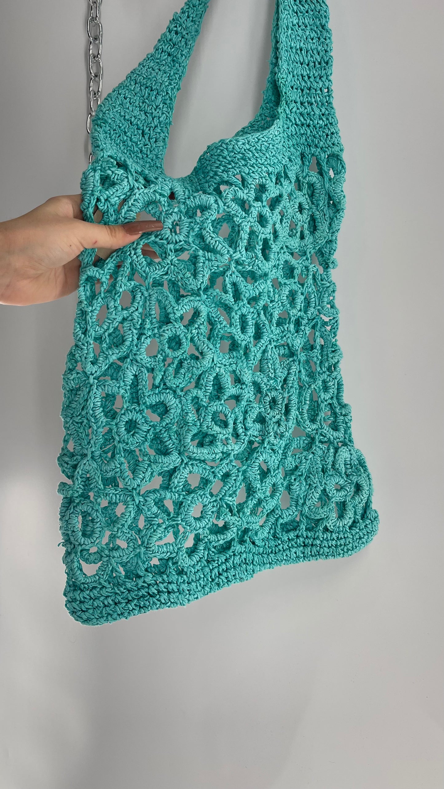 Turquoise Blue Straw Flower Tote Bag