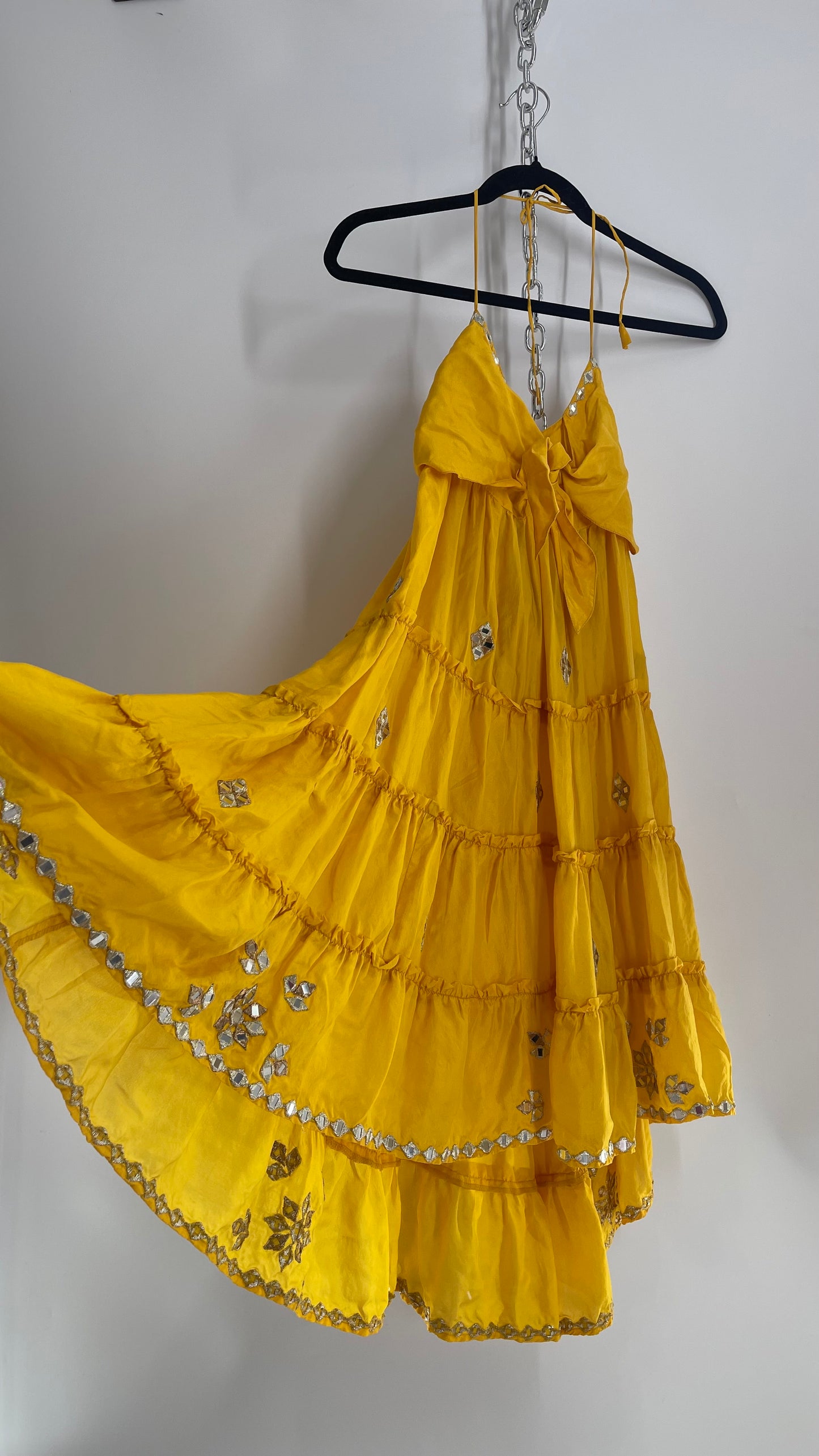 Vintage Juliet Dun Silky Yellow Tiered Dress with Mirror Details (2)