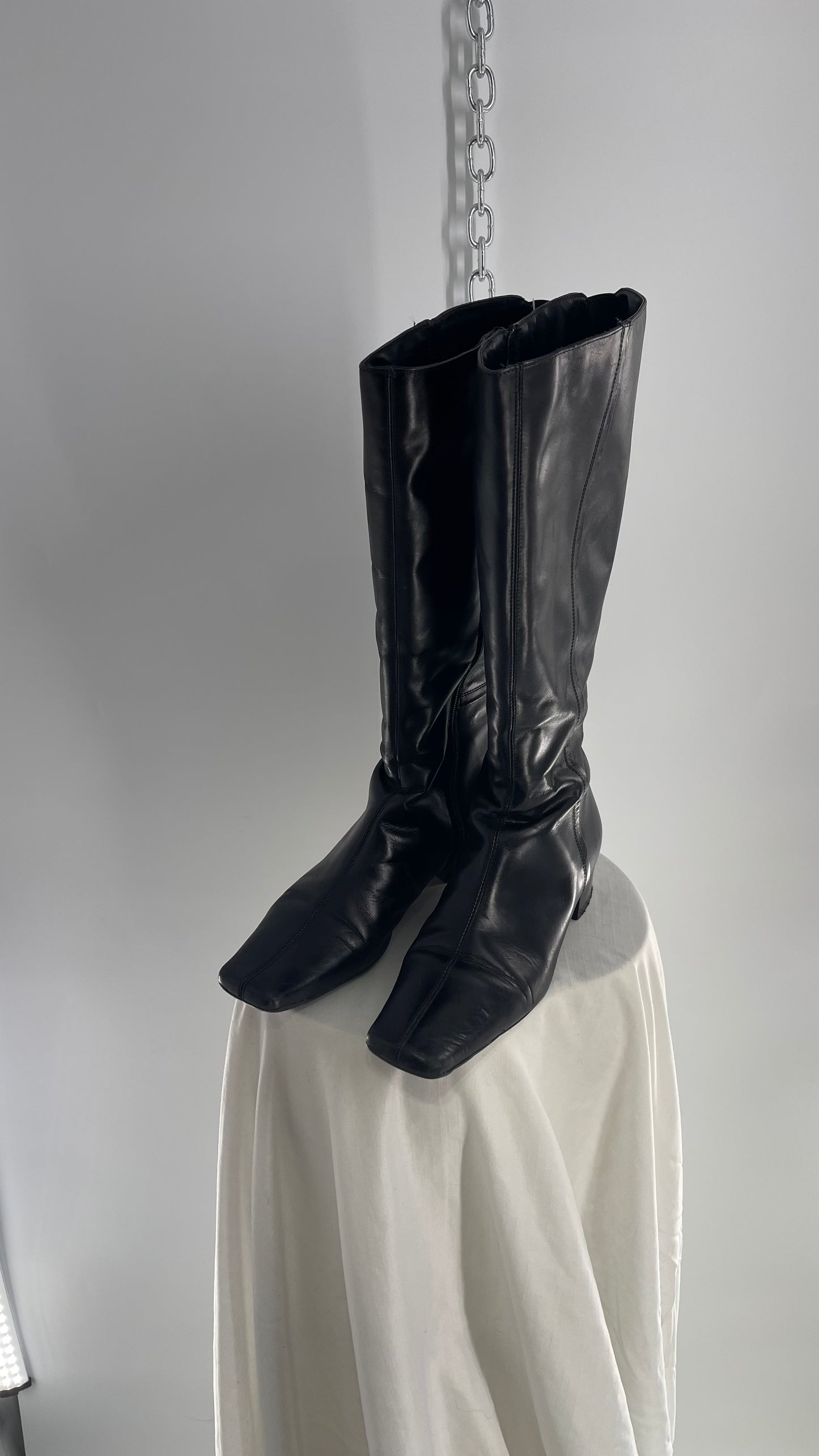 Vintage YKK Black Leather Square Toe Knee High Boot (40)