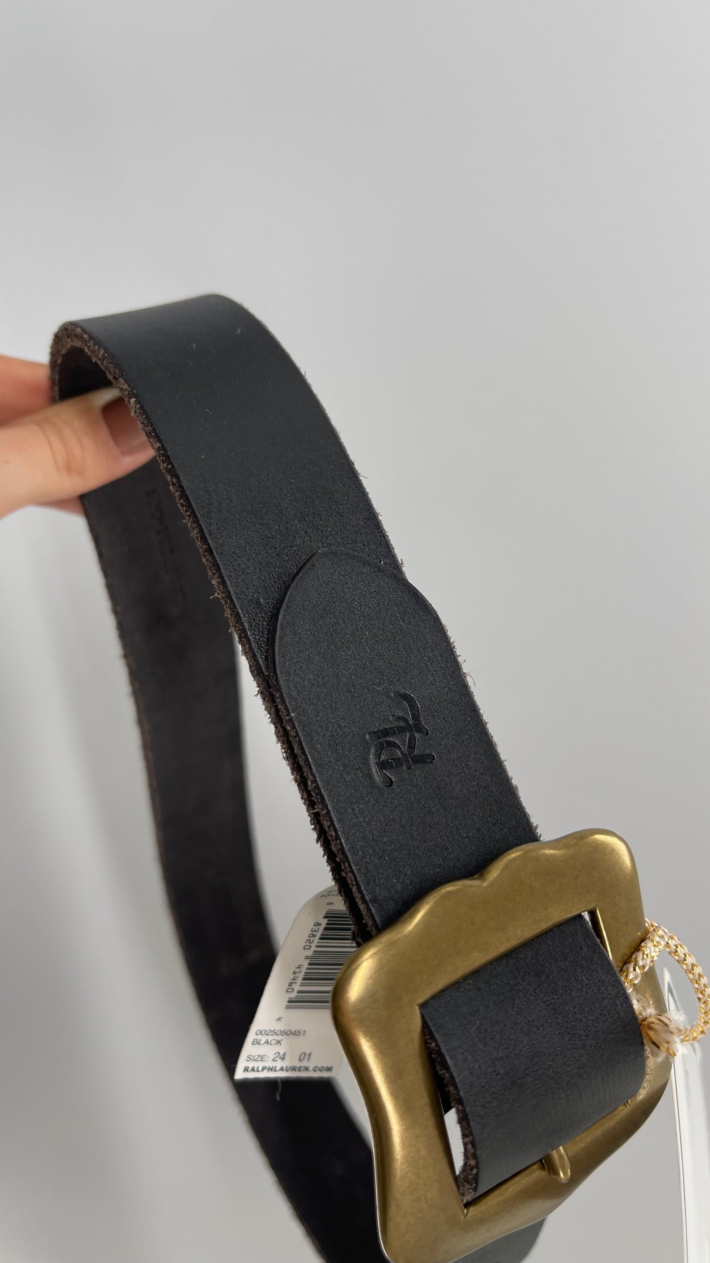 Vintage Ralph Lauren Black Genuine Leather Belt With Brass Buckle (24)