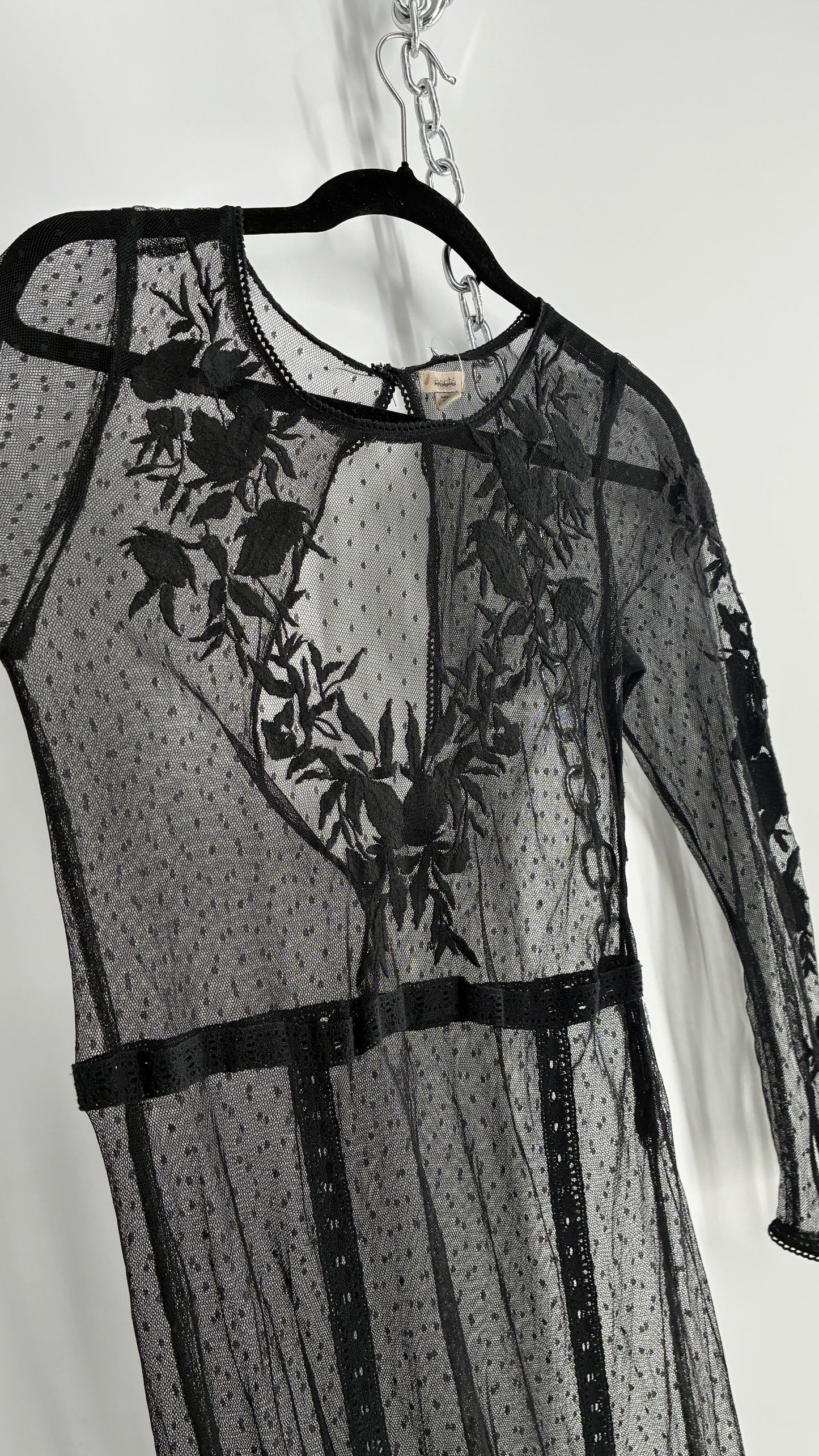 ECOTE Sheer Mesh Full Length Dress with Lace Appliqué Sleeves and Bust (Medium)