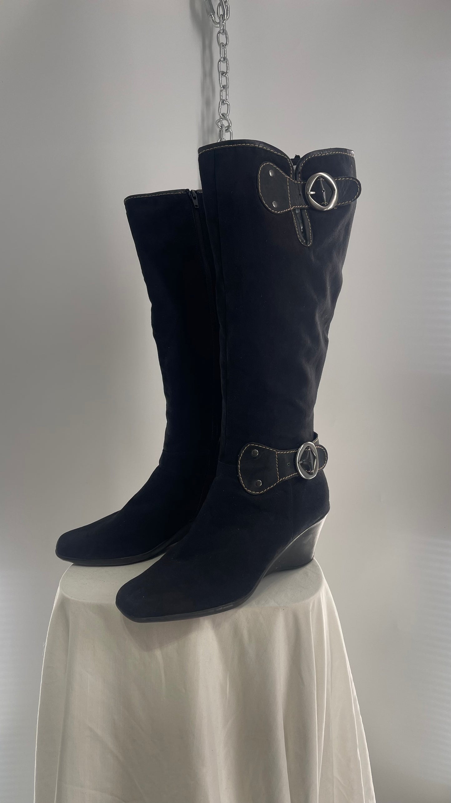 Vintage BASS Black Suede Wedge Heel Knee High Boot with Buckle Details (10)