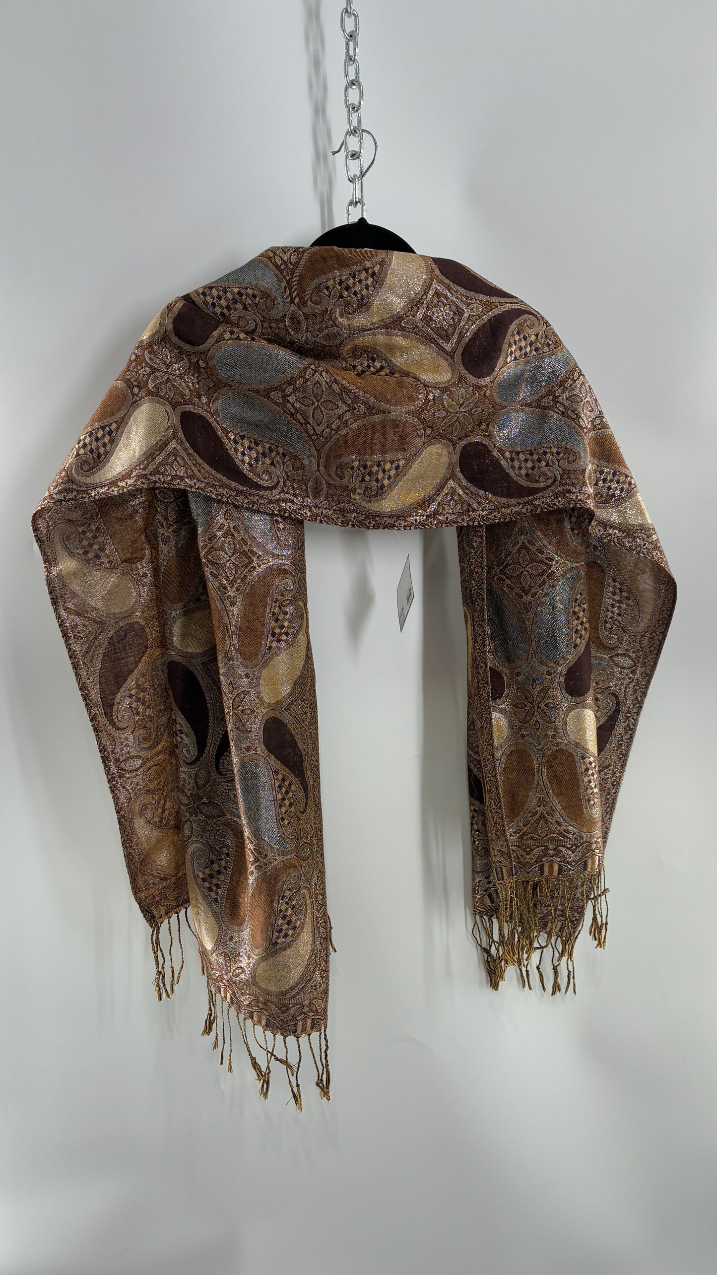 Vintage Paisley Metallic Knit Bronze and Silver Scarf