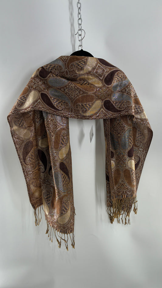 Vintage Paisley Metallic Knit Bronze and Silver Scarf