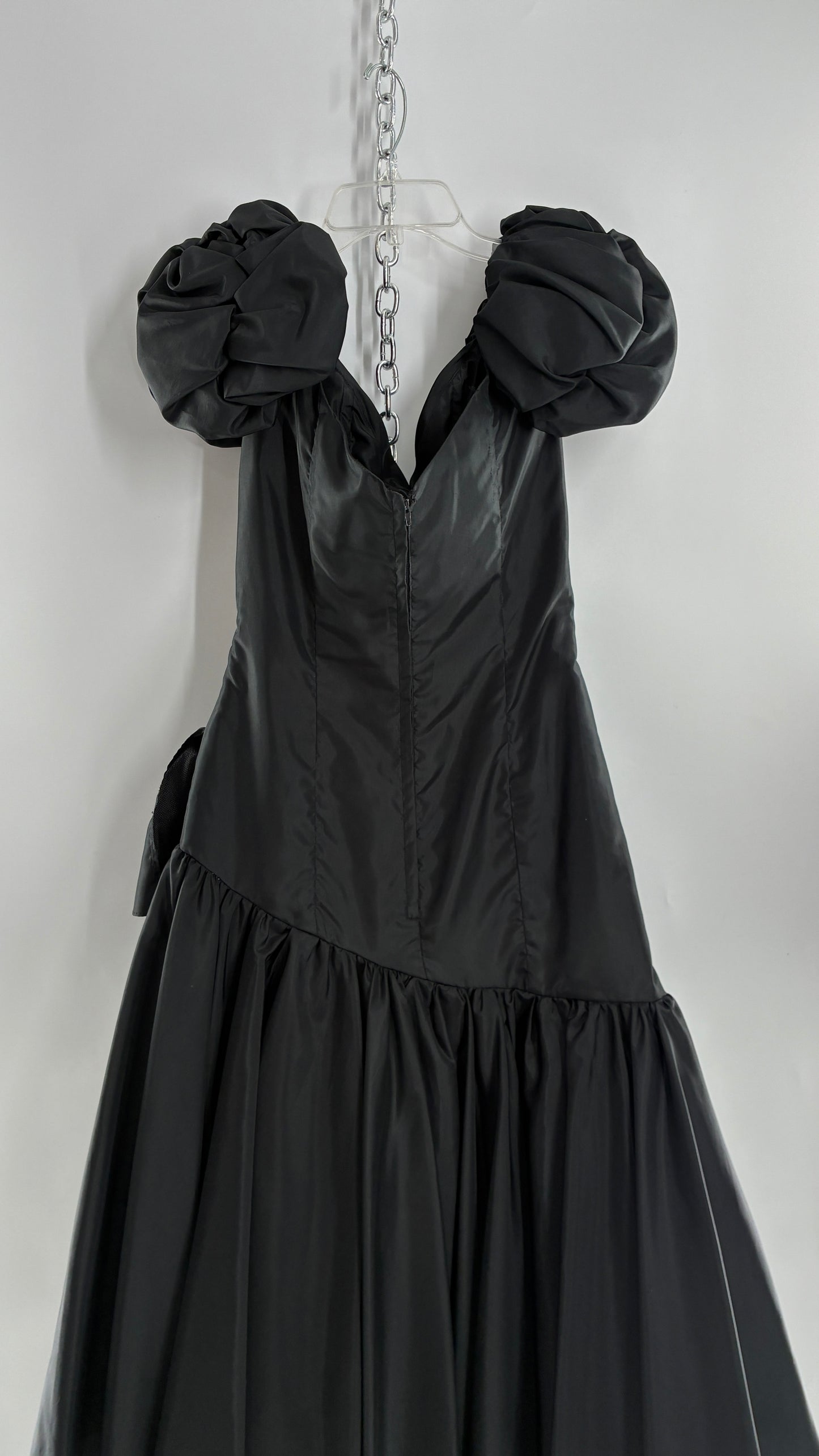 Vintage 1980s Black Gown with Ruched Bodice, Exaggerated Puff Sleeves, and Tiered Skirt (Measured)