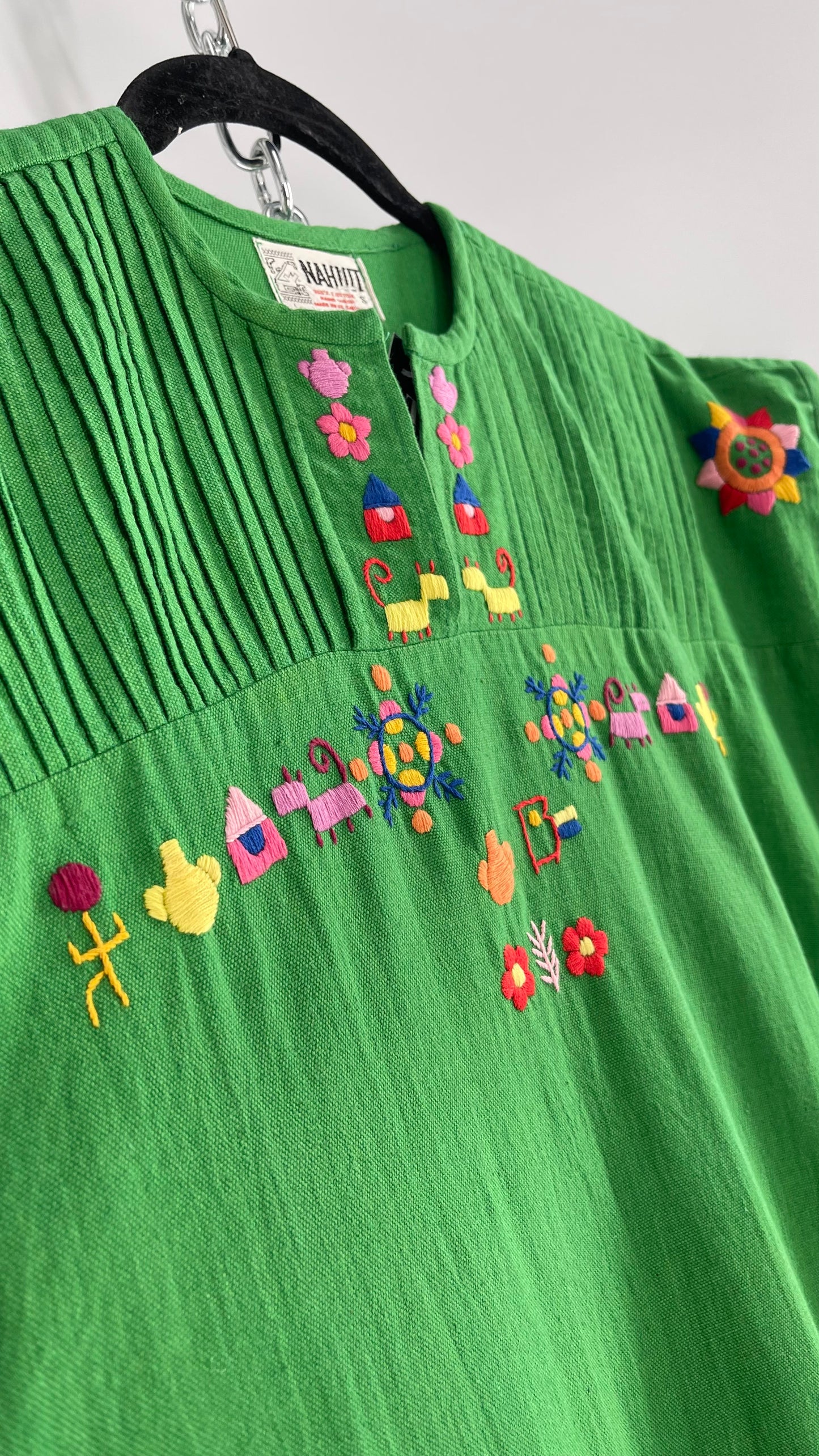 Vintage 1970s NAHUIT 100% Cotton, Kelly Green, Embroidered Tunic Dress Imported from El Salvador (Small)