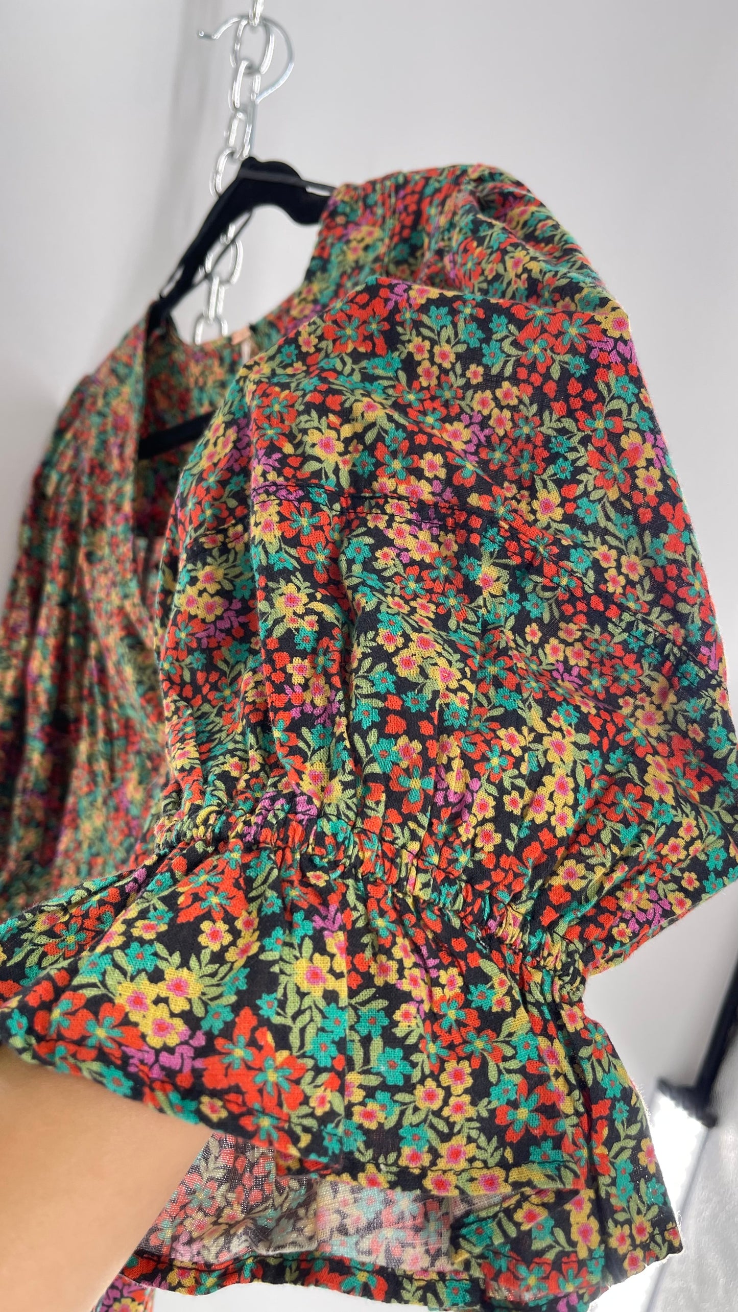 Free People 100% Cotton Colorful Florals Blouse with Deep V, Puff Sleeves, Button Front, and Tags Attached  (Small)