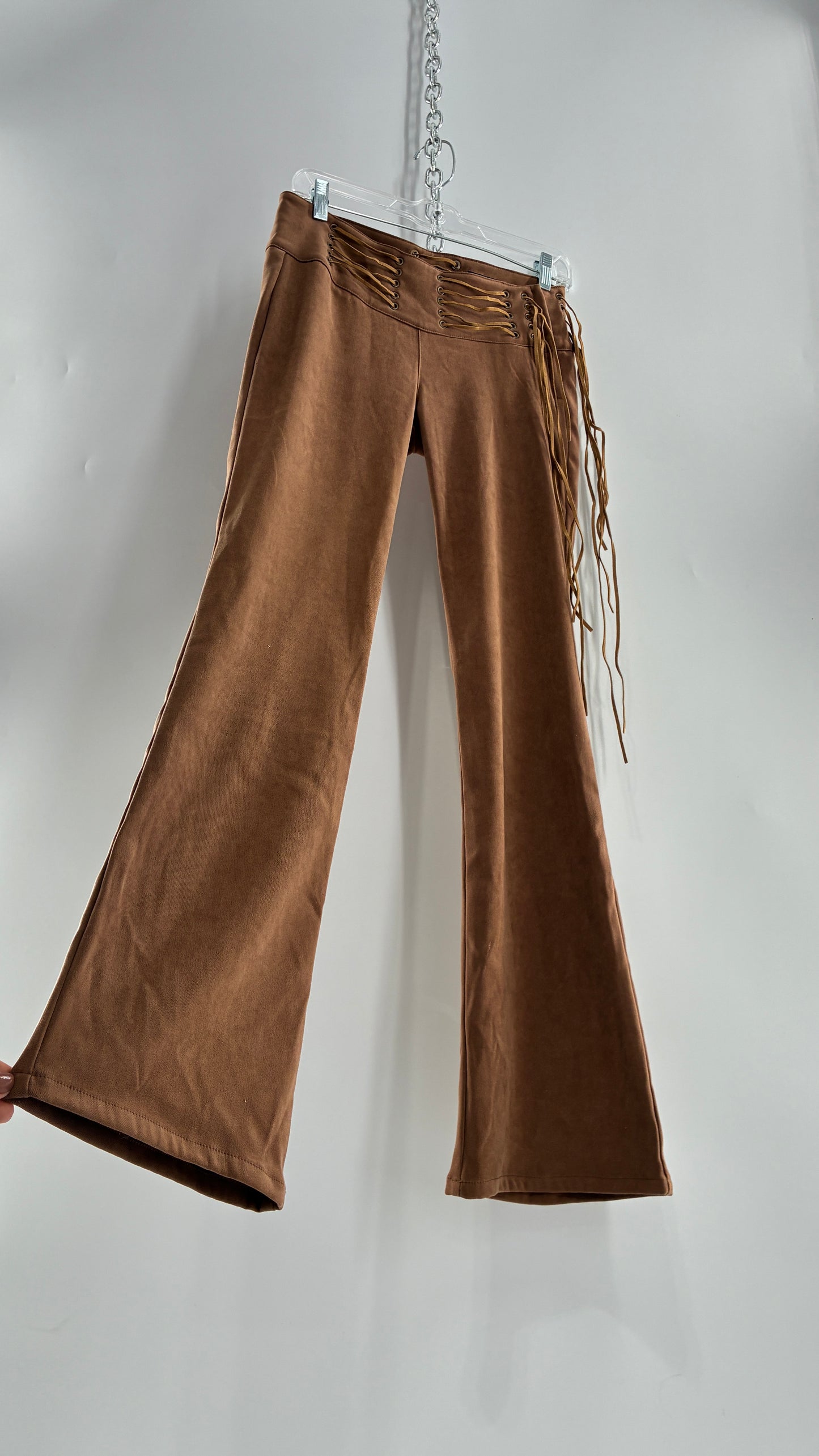 Vintage Rare L.E.I Low Rise Faux Suede Kick Flares with Wide, Thread Through Tassels Hip Band (5)