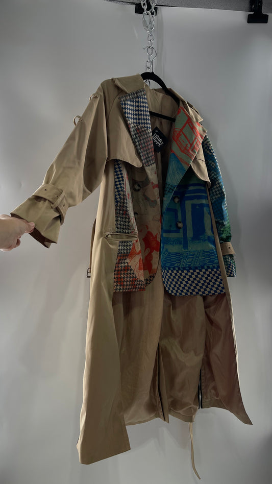 Tan Belted, Double Breasted Trench Coat with Plaid Colorful Graphics and Contrasting Black Zippers (C)(M)
