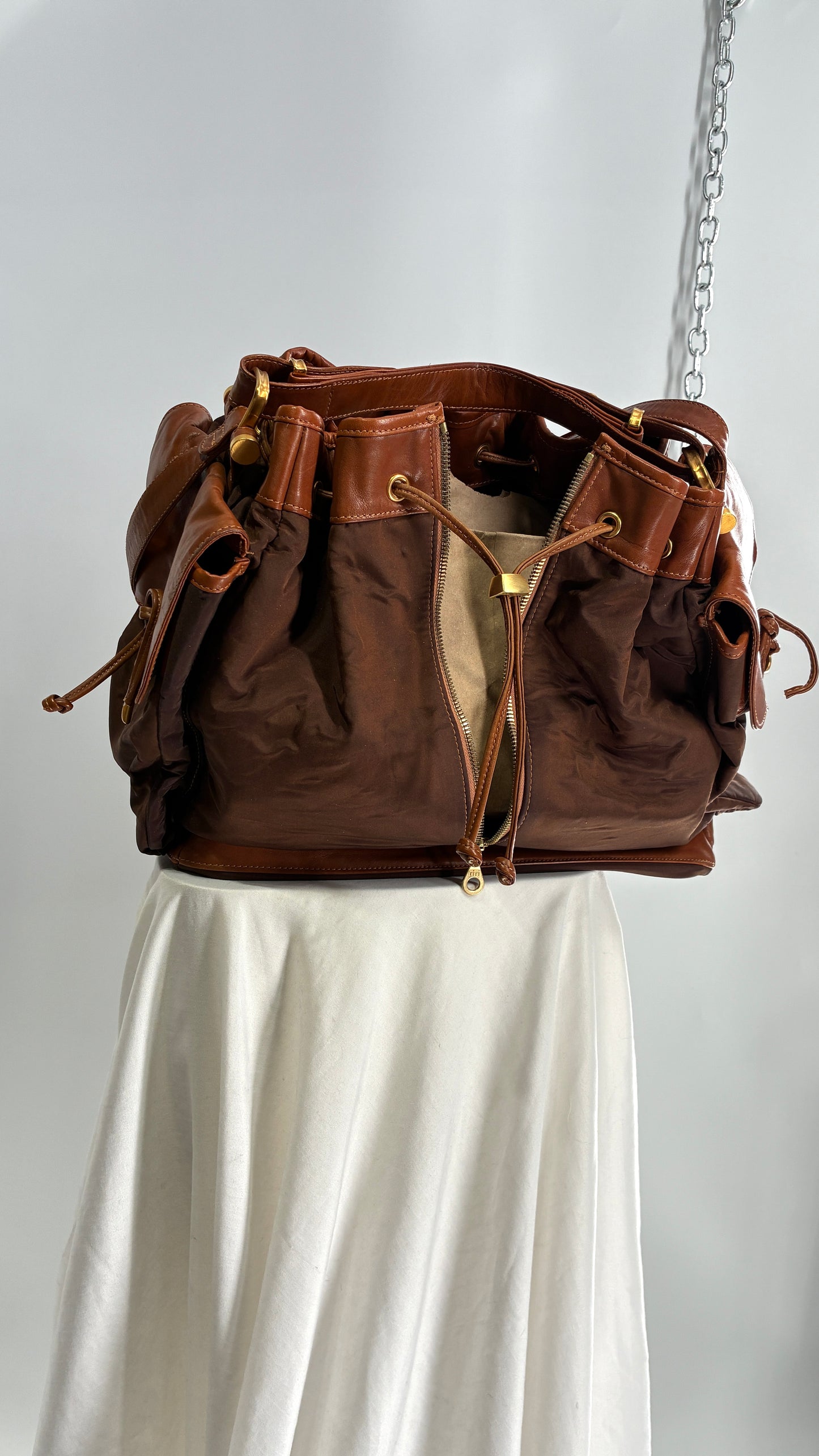 Vintage DONNA KARAN DKNY Oversized XL Brown Zip Front Bag with Leather Details