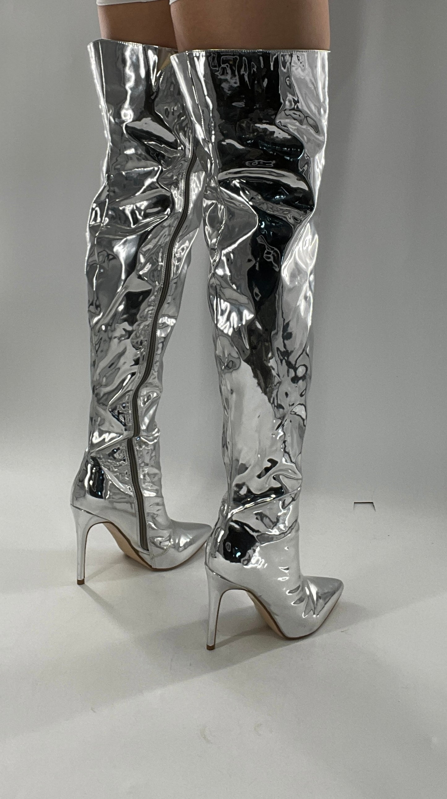 Vintage Chrome Platinum Mirrored Thigh High Molten Metal Sky High Boots Space Cadet/Concert (7)