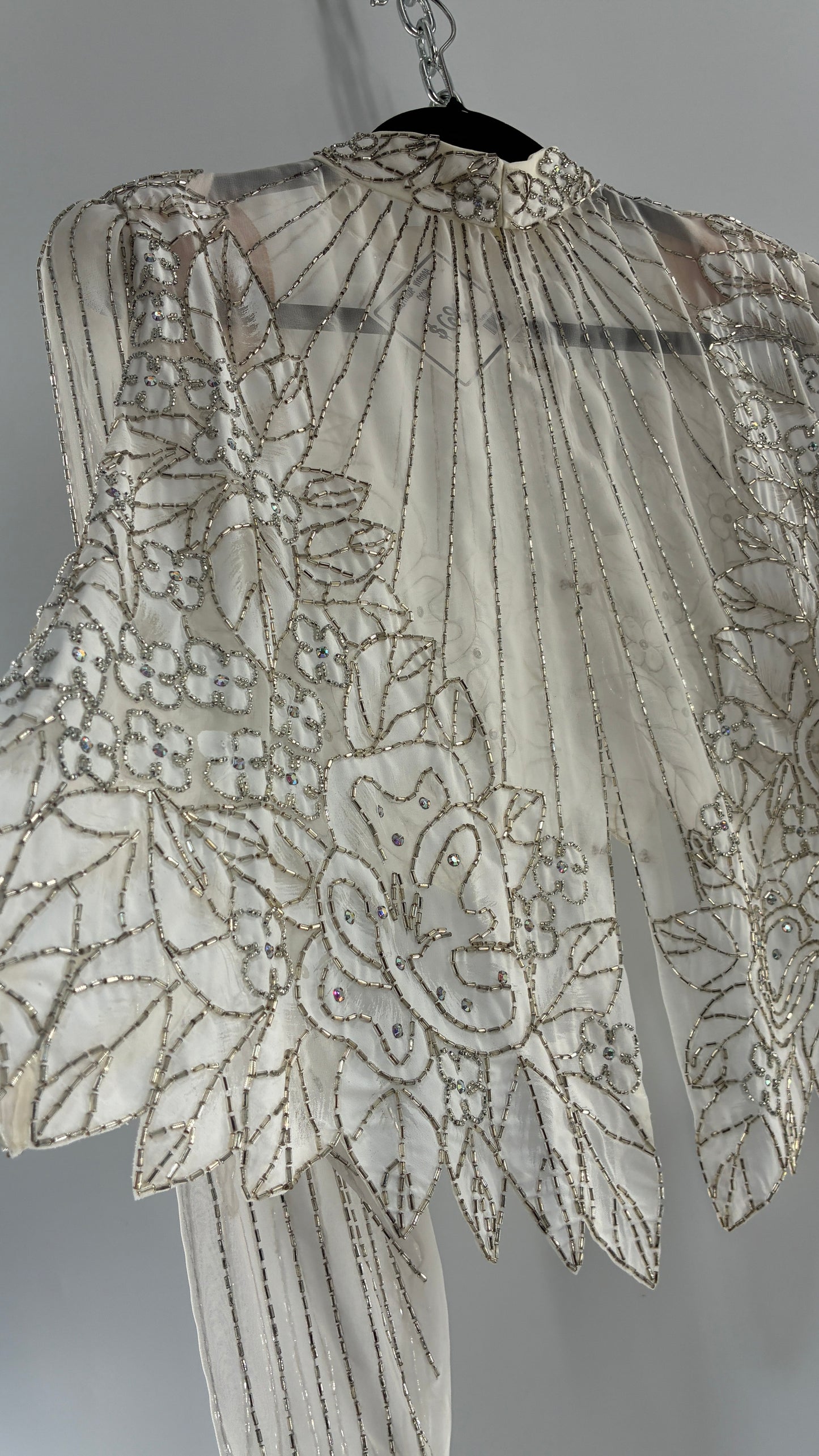 Vintage Sheer White Bridal Beaded Open Back Floral Blouse with High Neck (Medium)