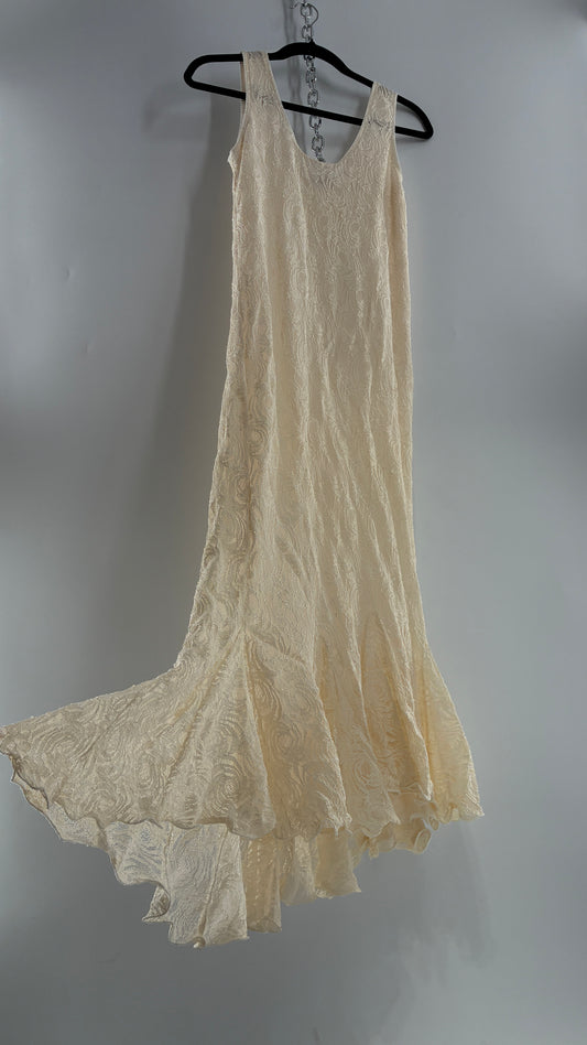 Vintage SARA MIQUE New York Off White Maxi Dress and Balloon Sleeve Cardigan Set (M)