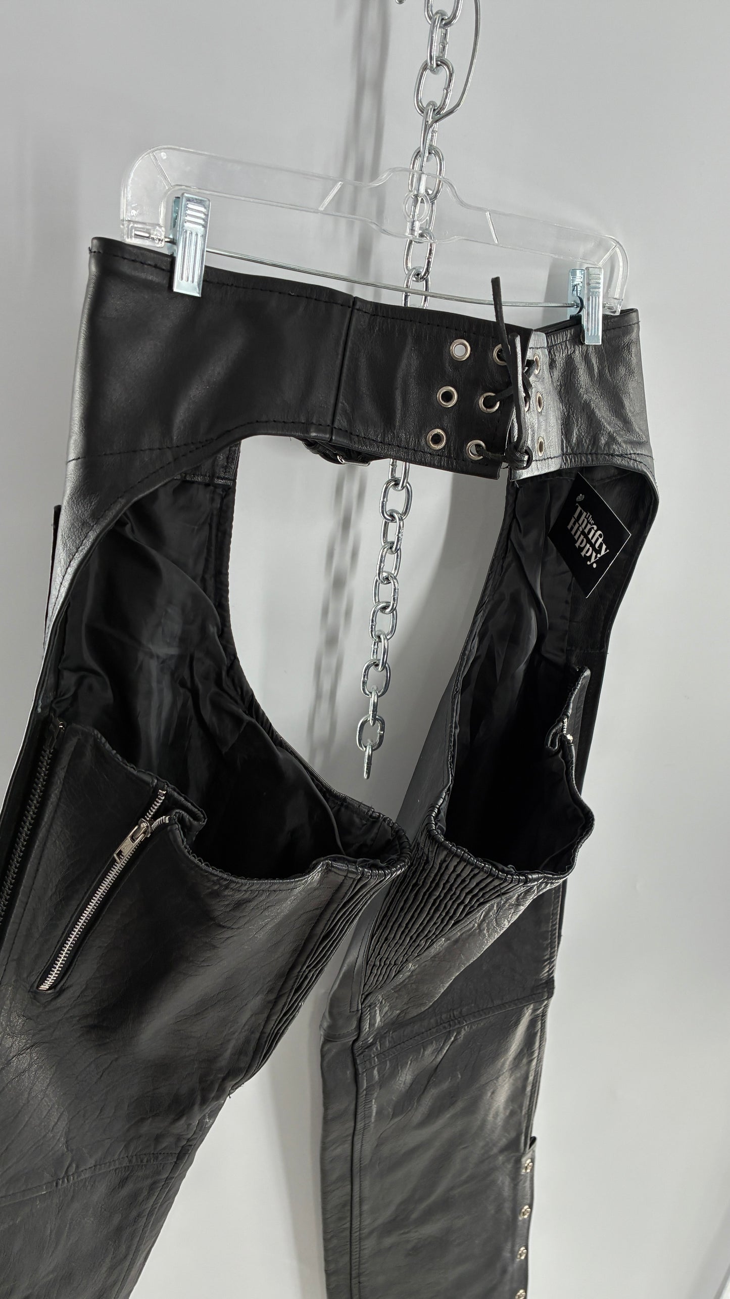 Vintage Xelement Black Genuine Leather Motorcycle Chaps with Side Zipper and Button Closure (34)