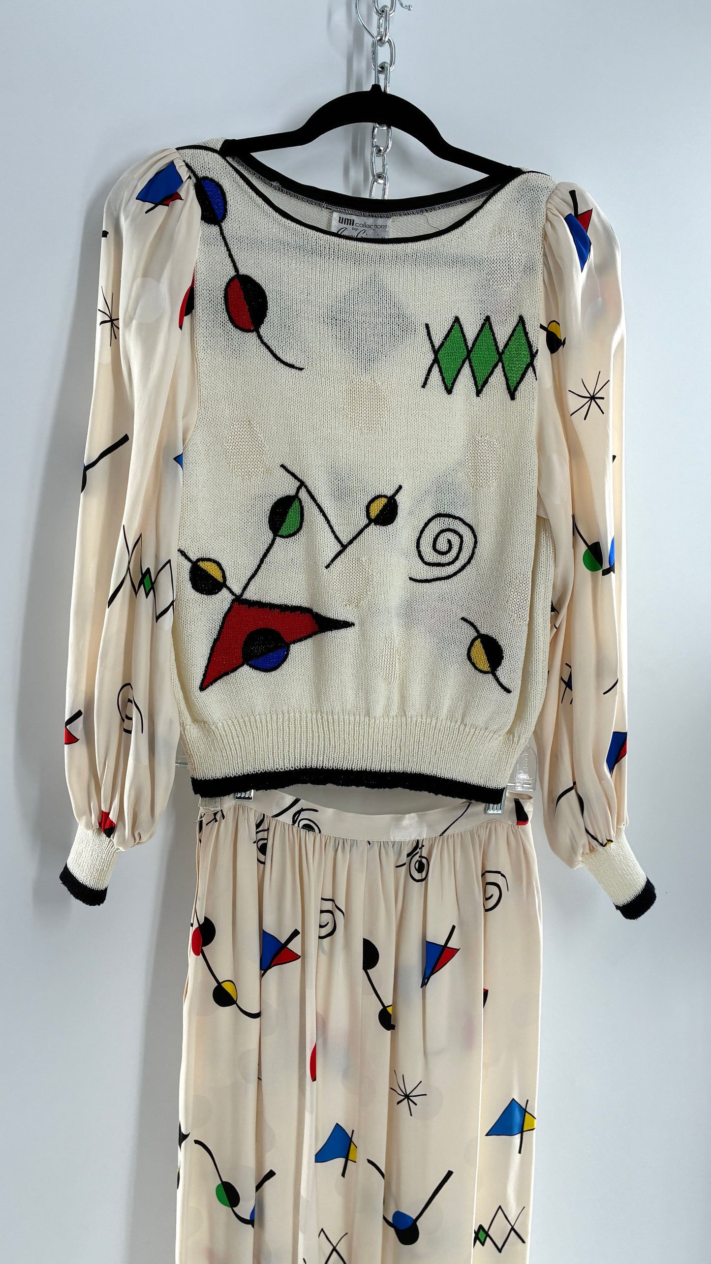 Vintage 1980s UMI collections by Anne Crimmins Off White 2 Piece Set with Abstract Embroidered Designs and 100% Silk Polka Dot Print Skirt (Medium Sweater, 8 Skirt)