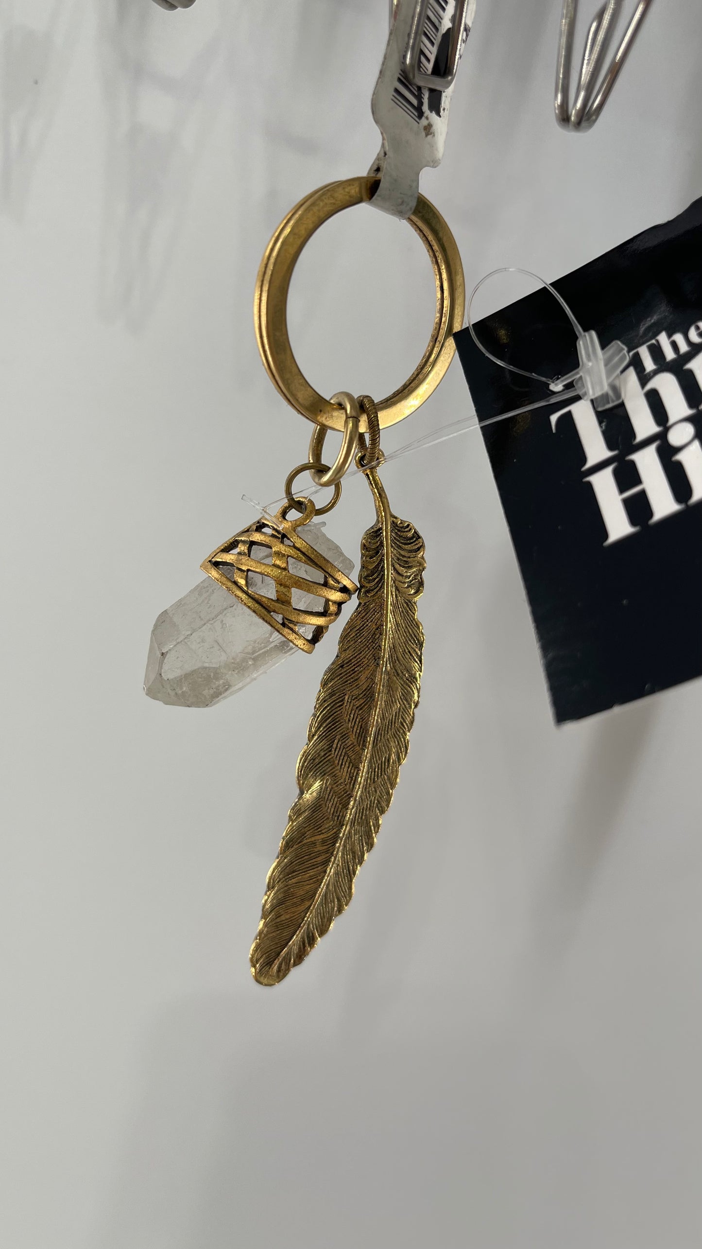 Free People Gold Metal Crystal Keychain with Feather