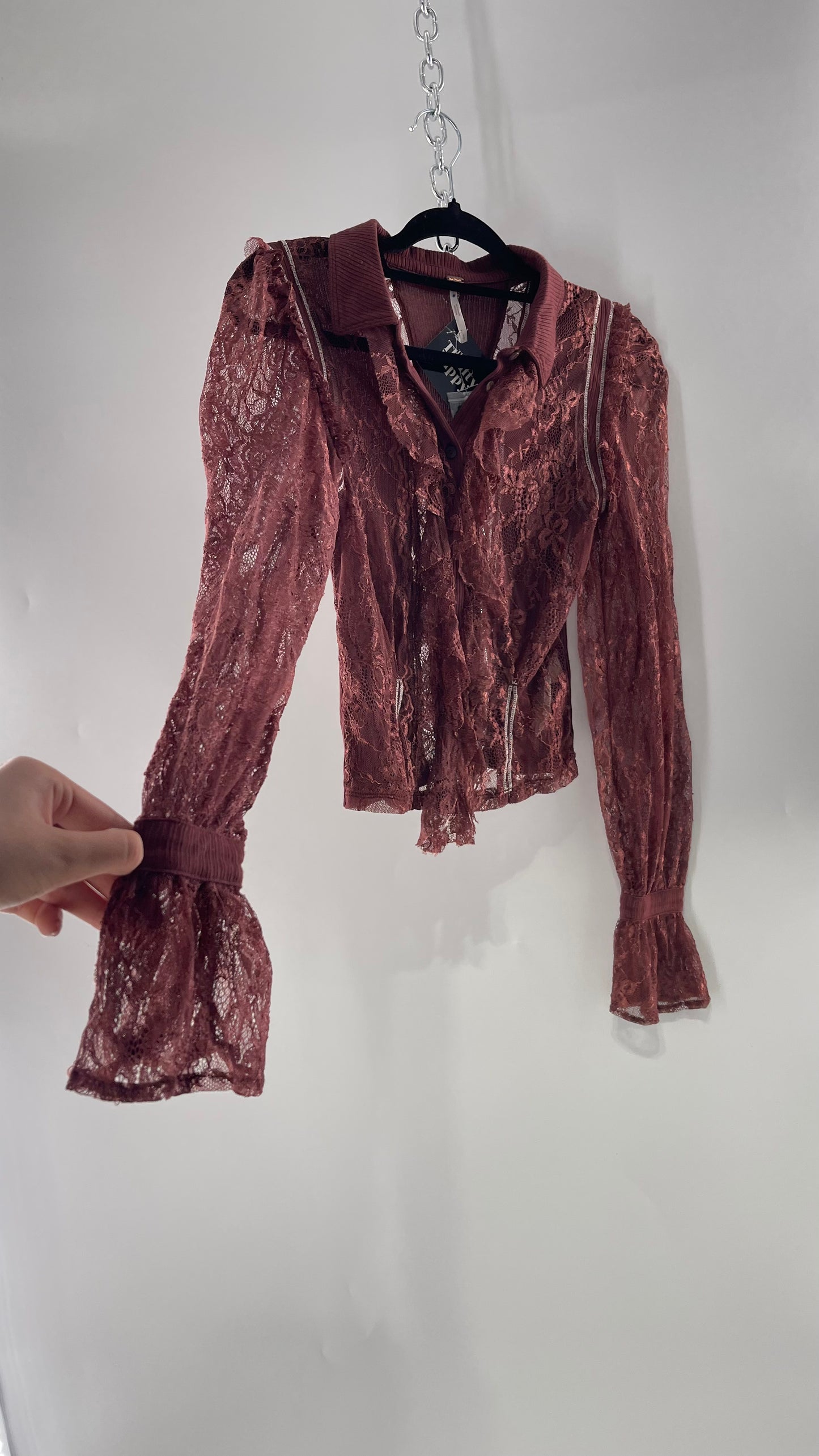 Free People Burgundy Lace Button Front Blouse with Balloon Sleeves and Ruffle Front Detail  (Small)