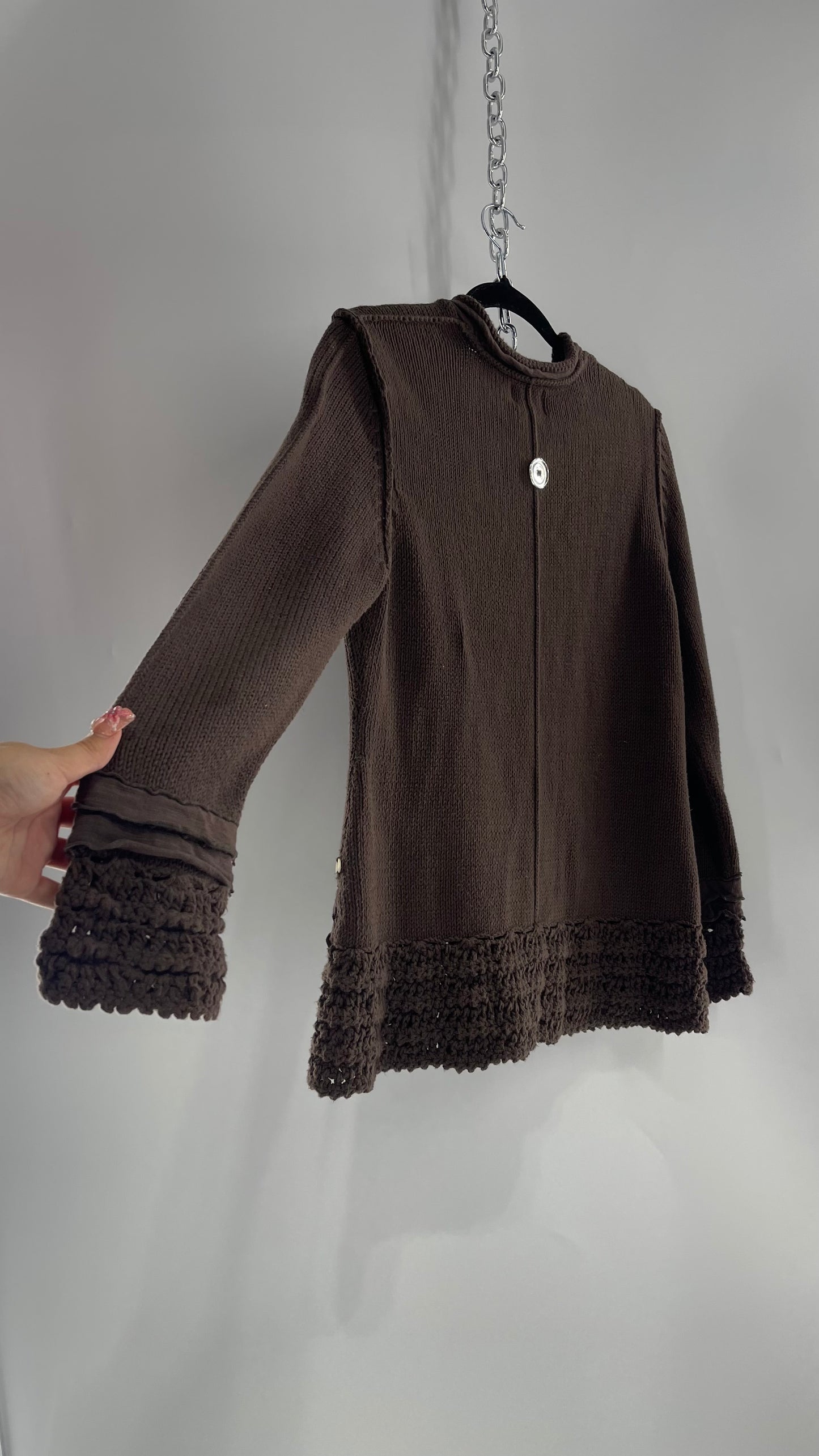 Vintage Pure Handknit Ruffle Hem Brown Cardigan with Button Front (S/M)