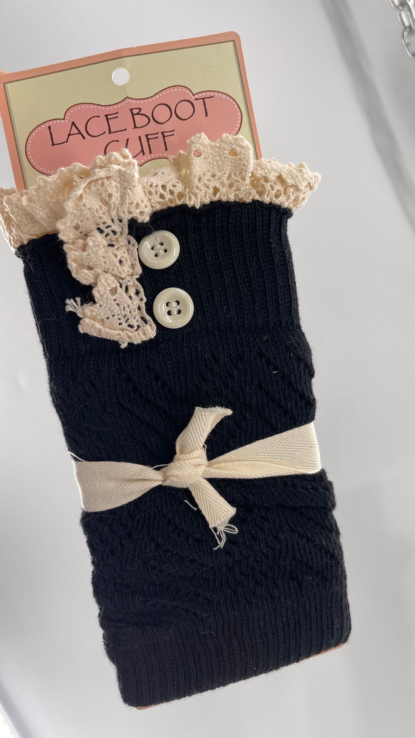 Deadstock Vintage Leg Warmers Black with Beige Lace Trim and Buttons