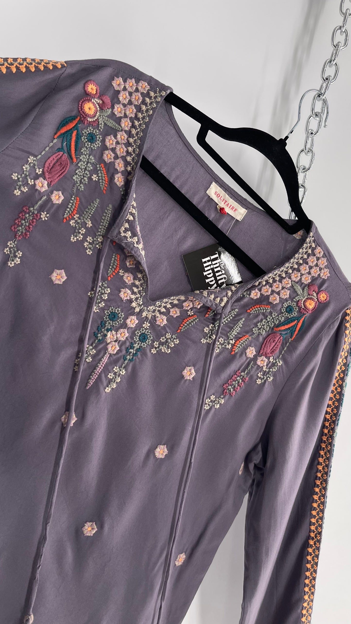 Anthropologie Solitaire Dusty Gray/Purple Embroidered Tunic Blouse (Medium)