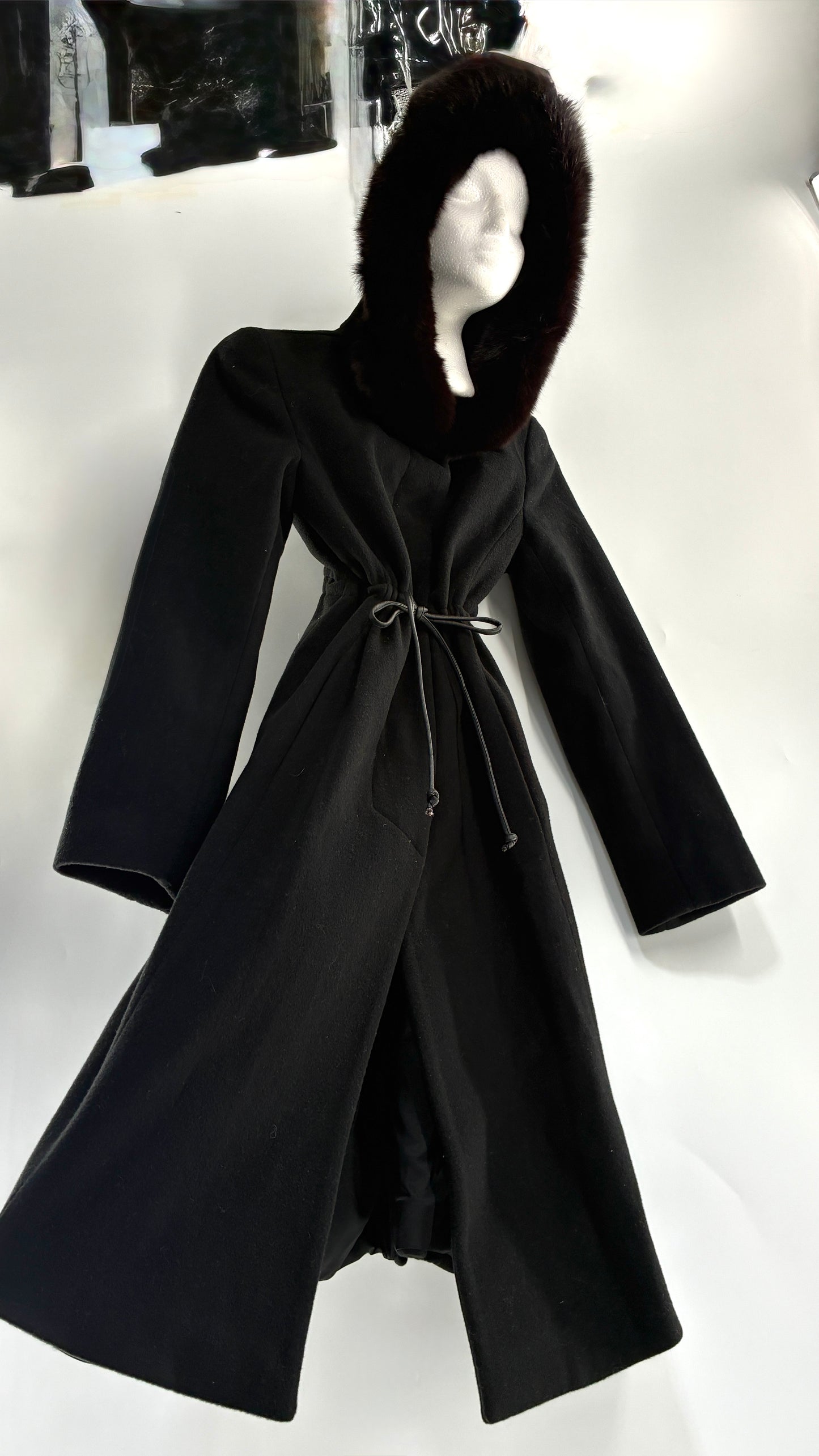 Vintage STEVE by SEARLE Cashmere Blend Coat with Underbust Tie and Fur Hood