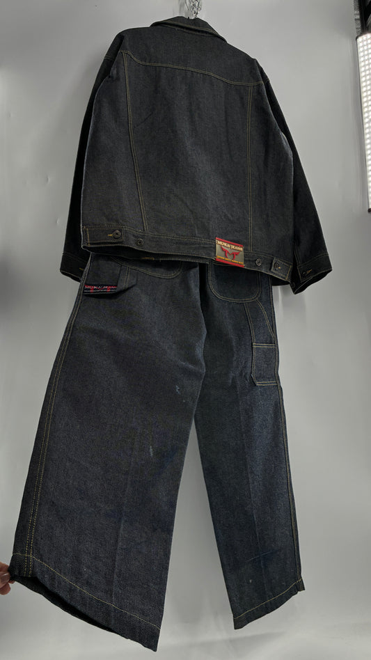 Vintage 1990s MU:KA: JEANS Men’s Dark Wash Japanese Style Denim Baggy Straight Legs and Oversized Jacket Set (L, 32x32)