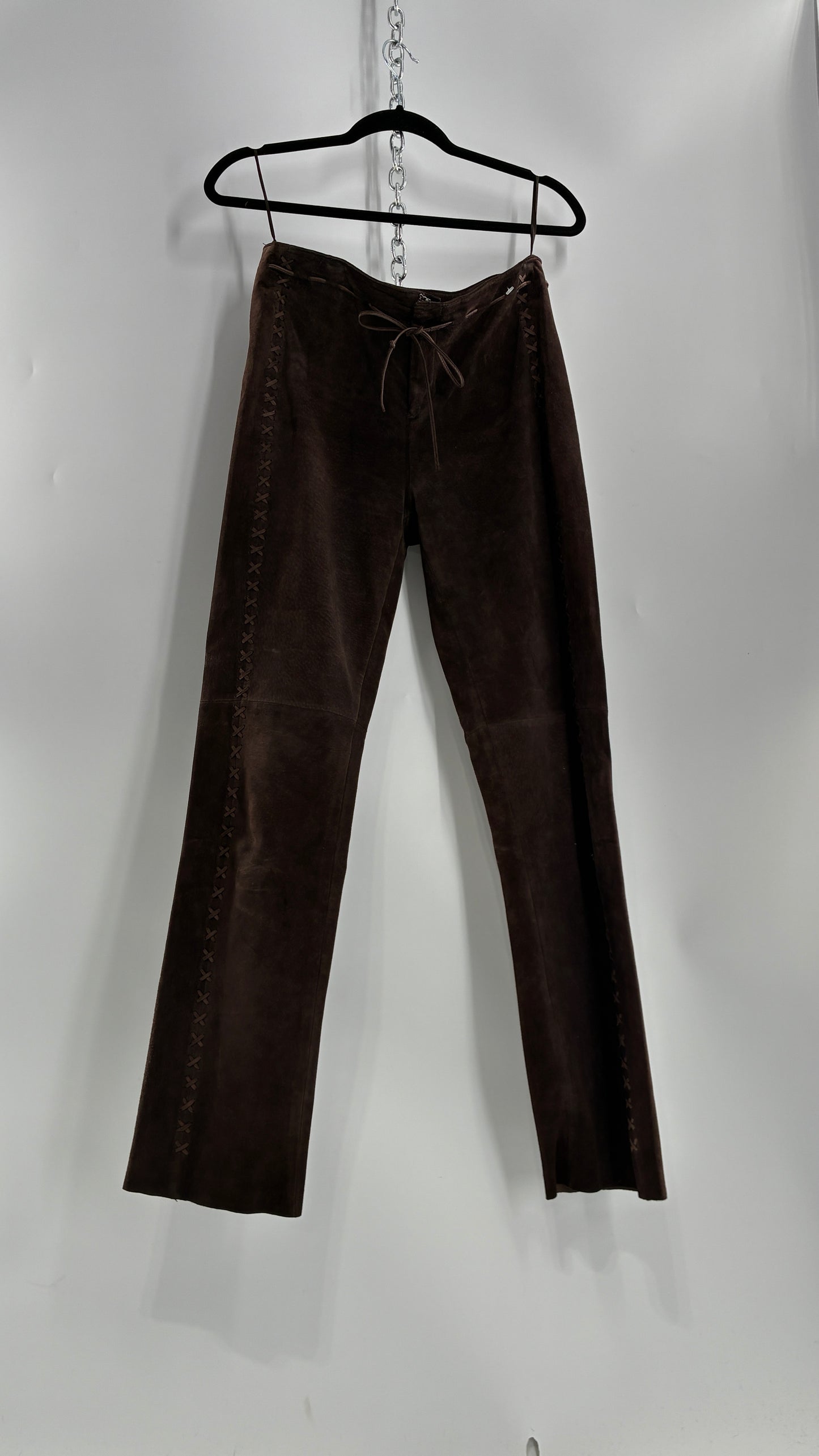 Vintage FOR JOSEPH Low Rise, Chocolate Brown Suede Pants with Leather Stitch Sides and Bow Closure (28)