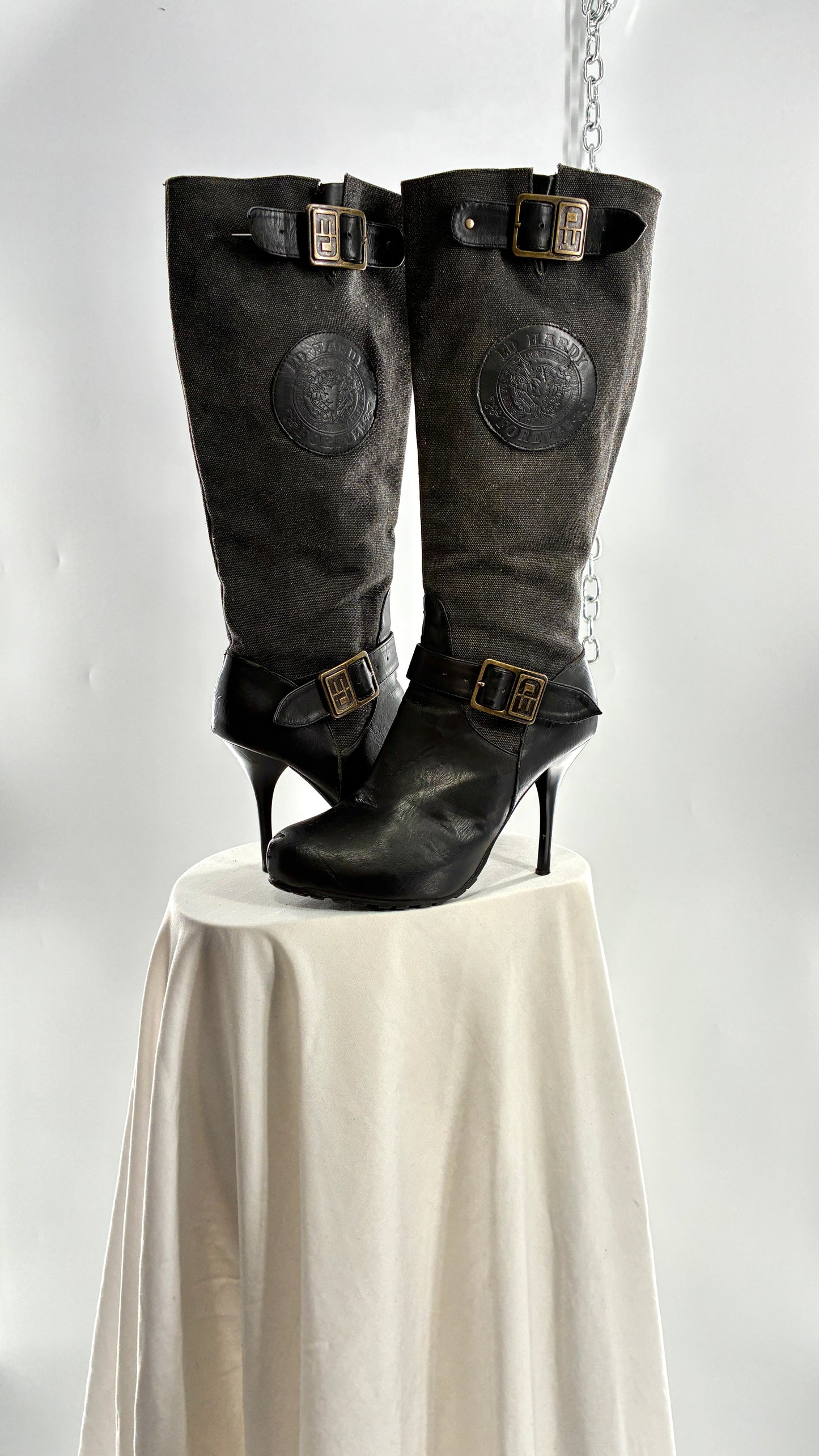 Vintage ED HARDY Stiletto Boots with Embossed Buckles and Badges (9)