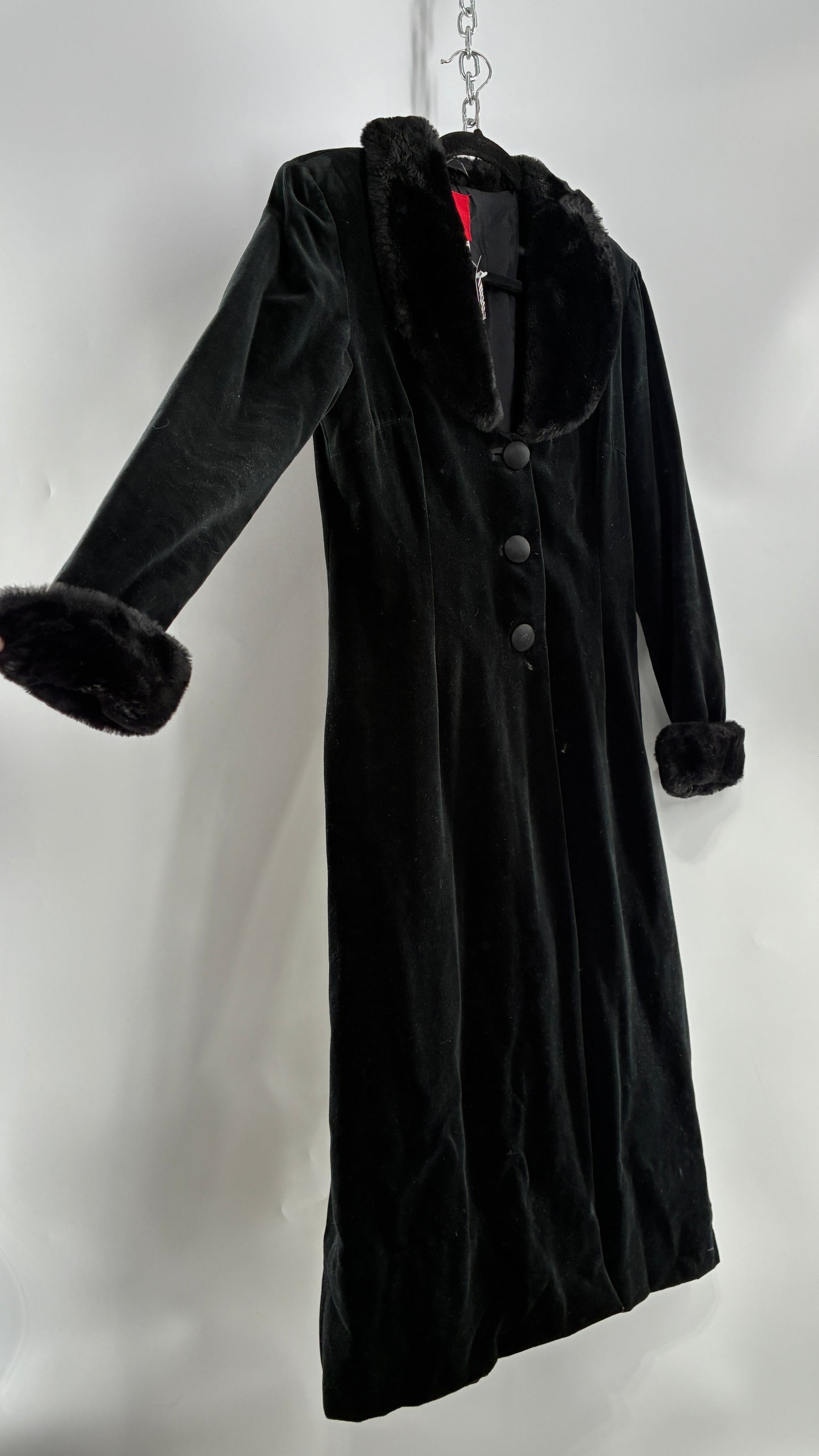 Vintage JS Collection Velour Duster Coat with Deep Neckline, Vegan Fur Collar and Cuffs (Large)